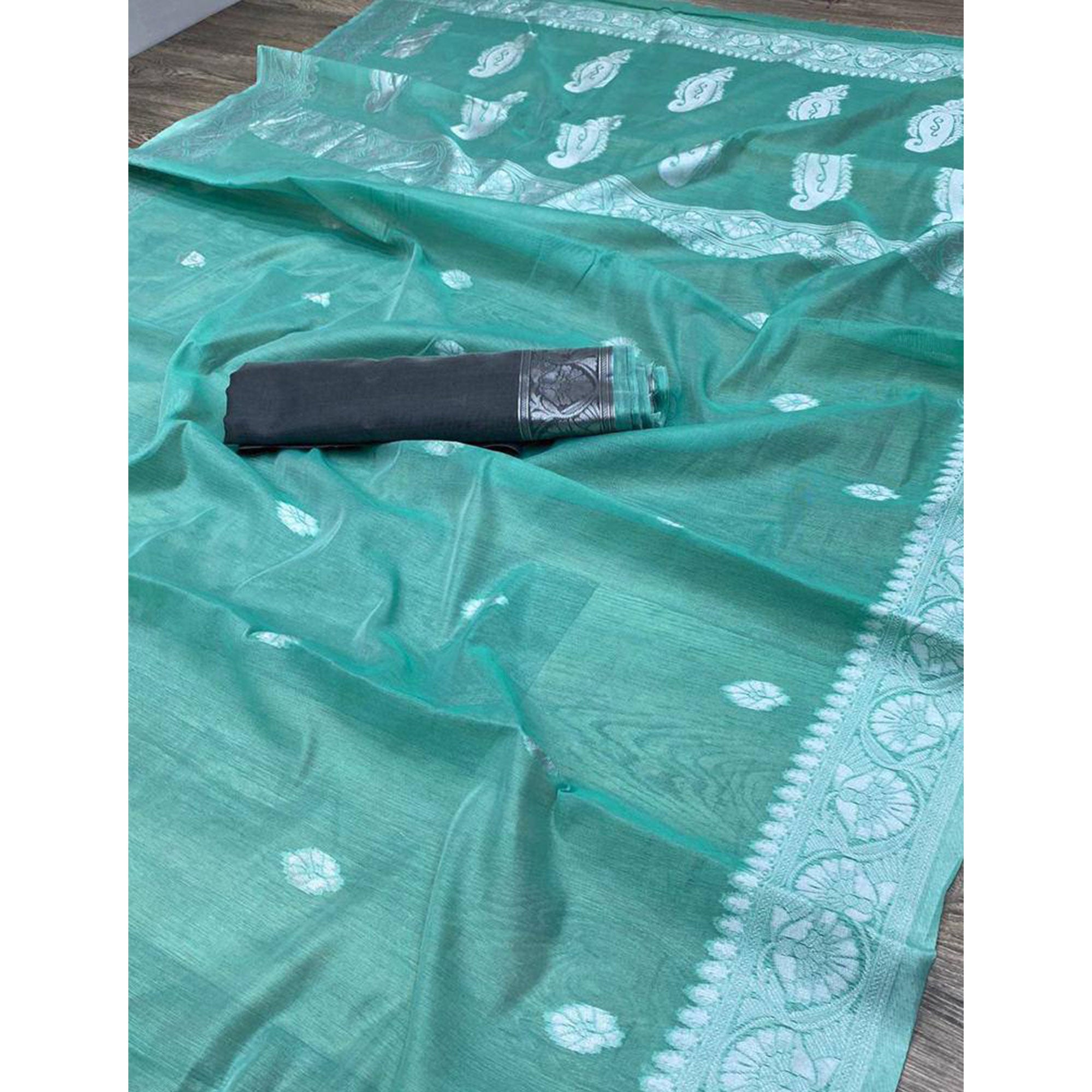 Sea Green Soft Linen Cotton Saree with Zari Weave Elegance