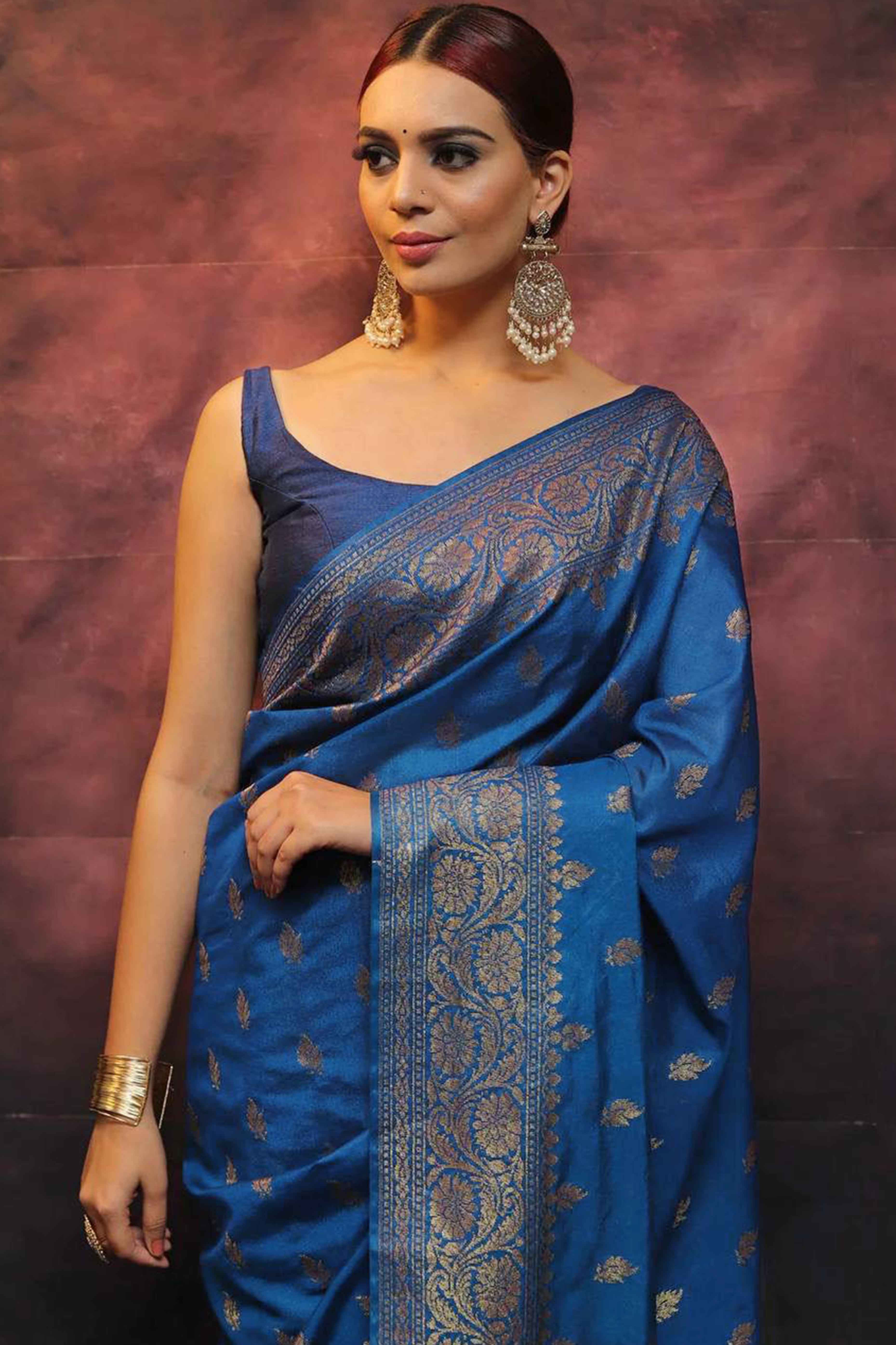Blue Organic Banarasi Silk Saree with Floral Zari Elegance