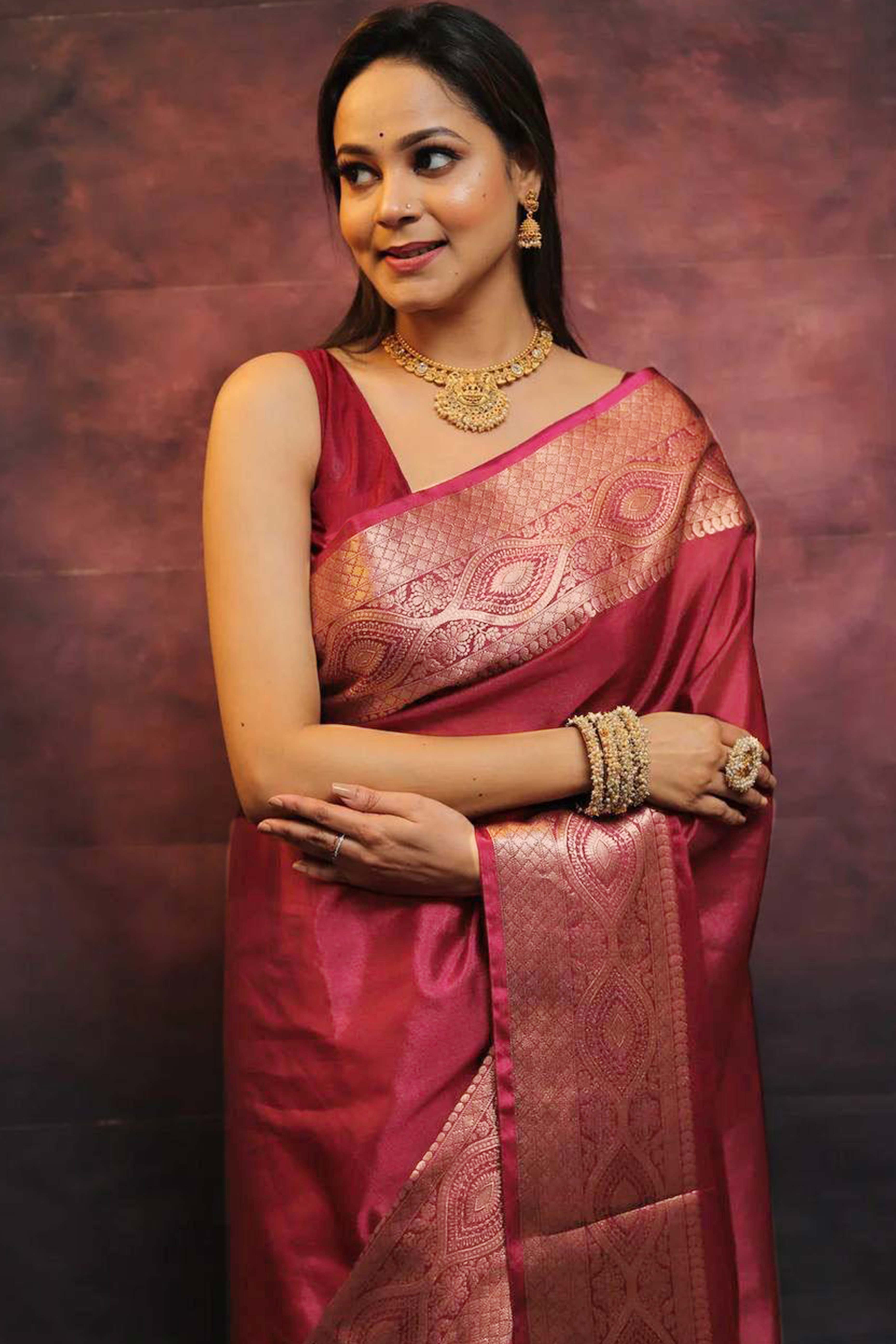 Regal Maroon Floral Zari Woven Lichi Banarasi Silk Saree