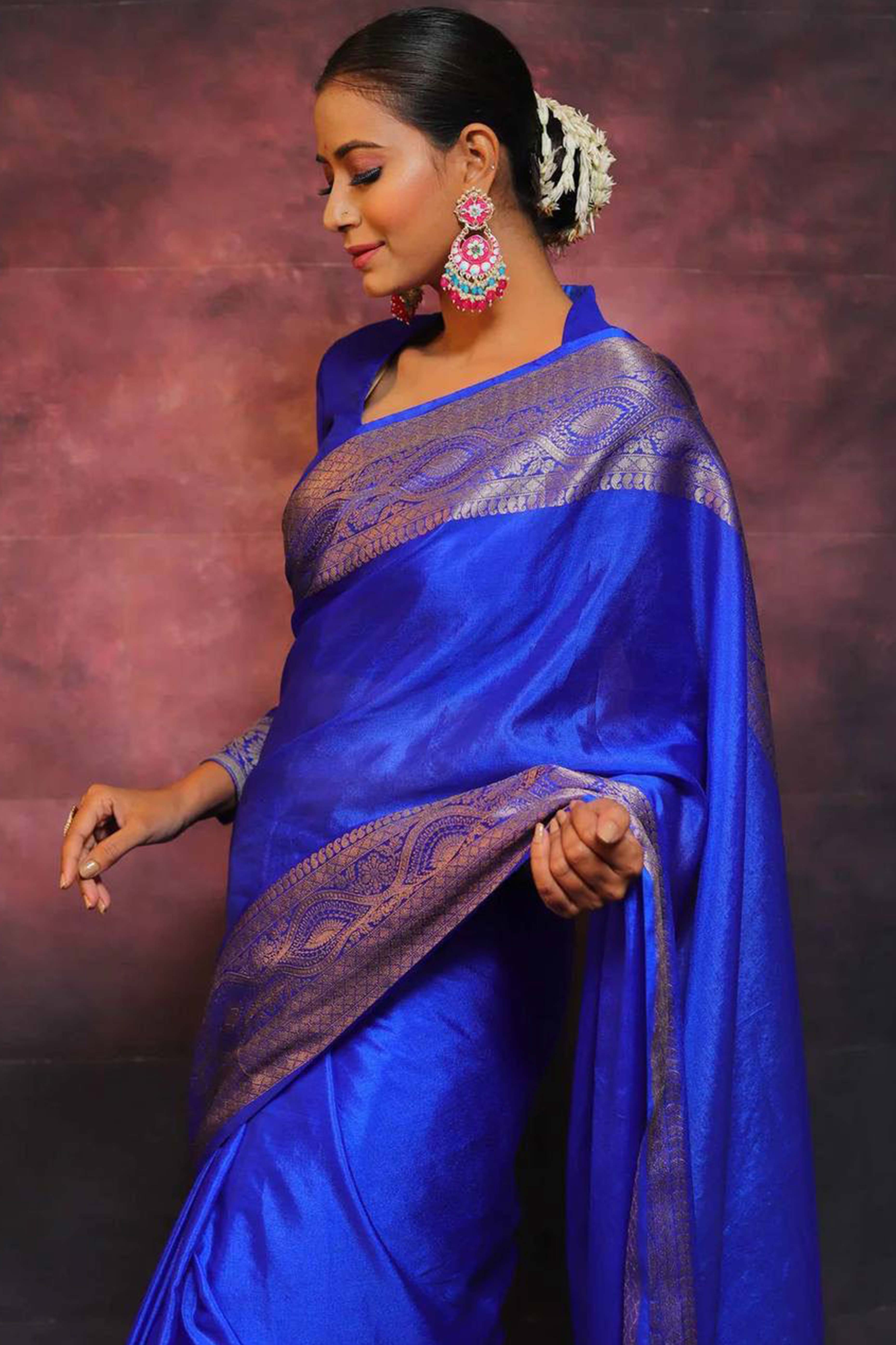Majestic Royal Blue Floral Zari Woven Lichi Banarasi Silk Saree