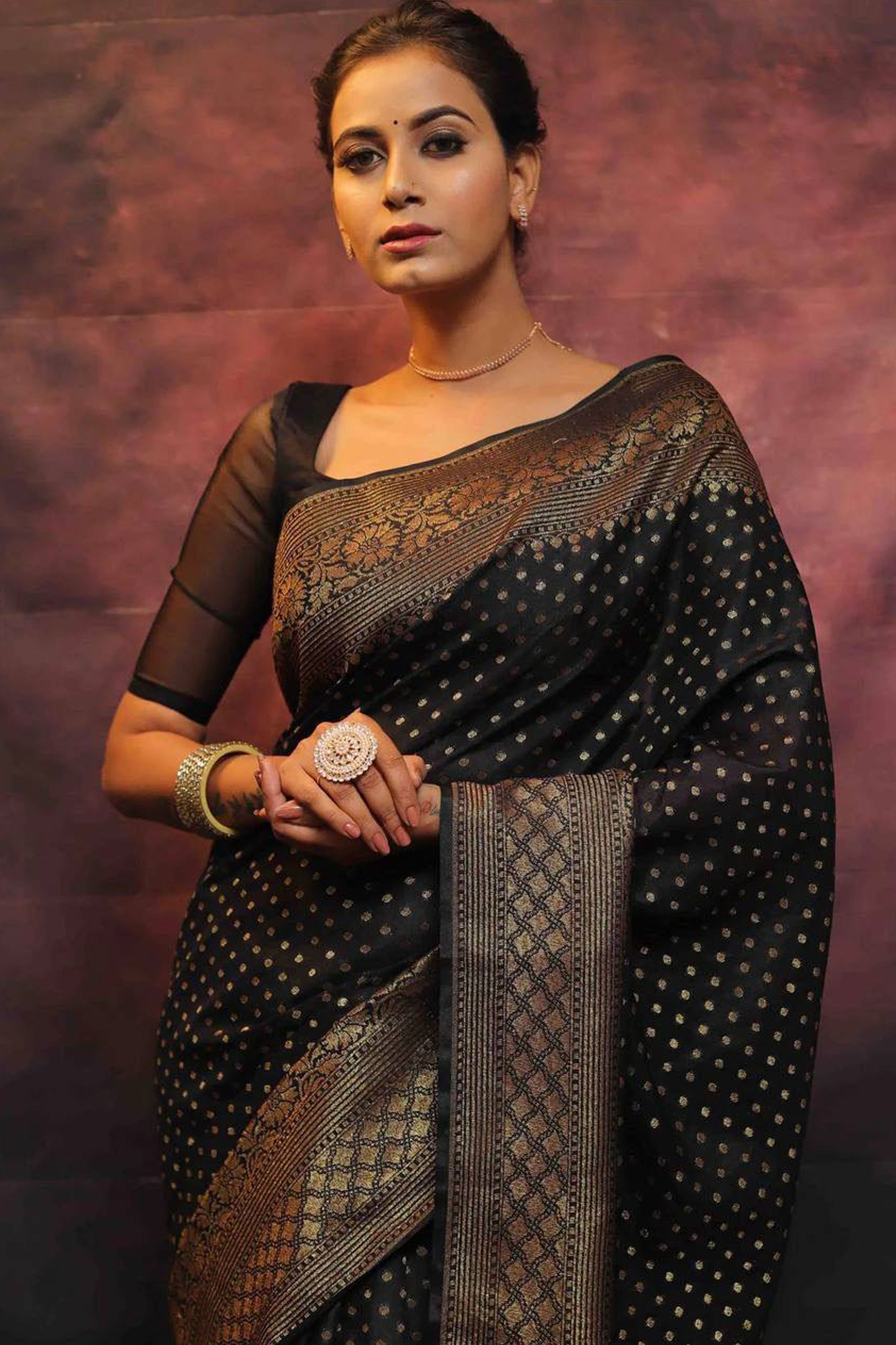Black Floral Woven Lichi Banarasi Silk Saree