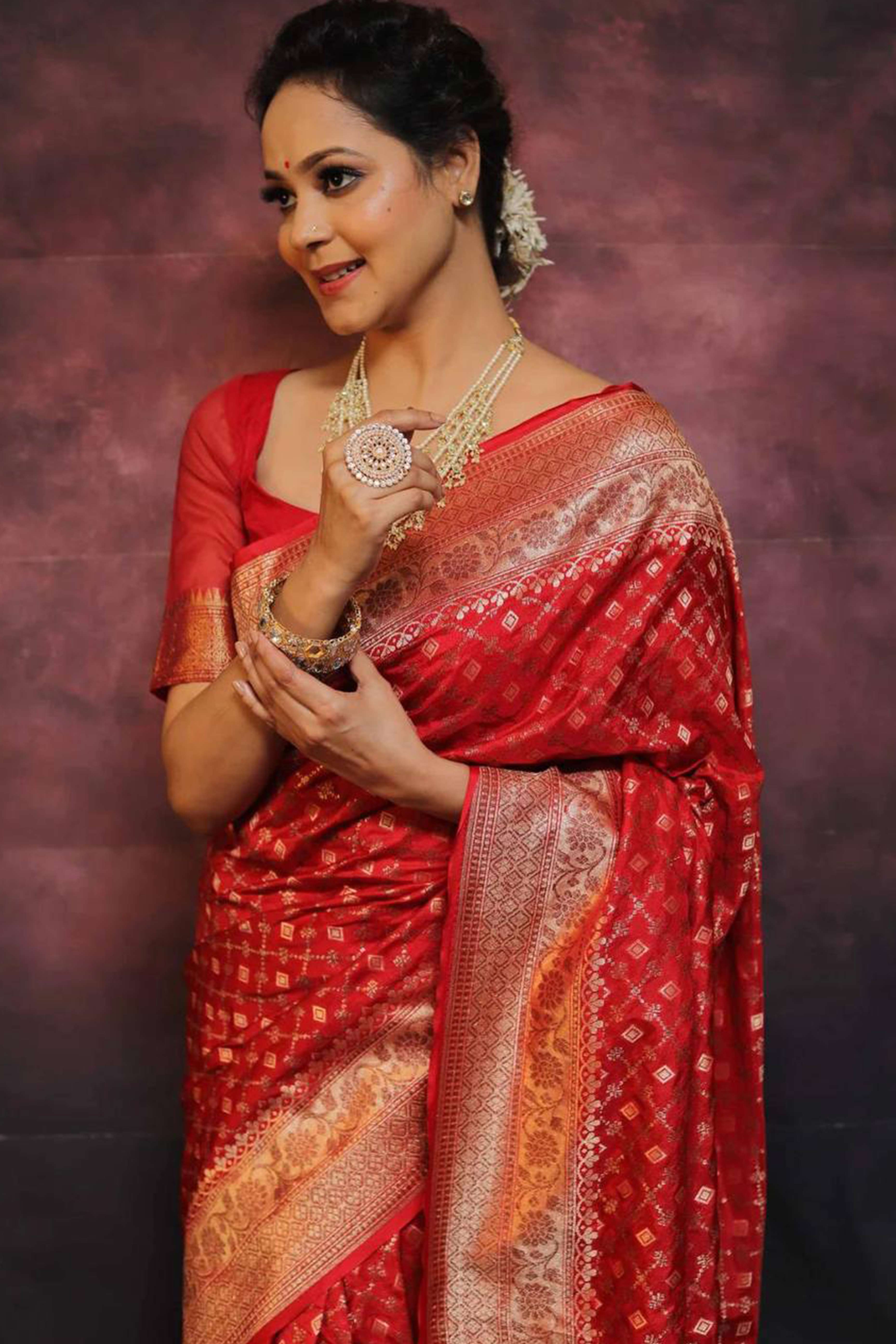 Red Floral Woven Lichi Banarasi Silk Saree