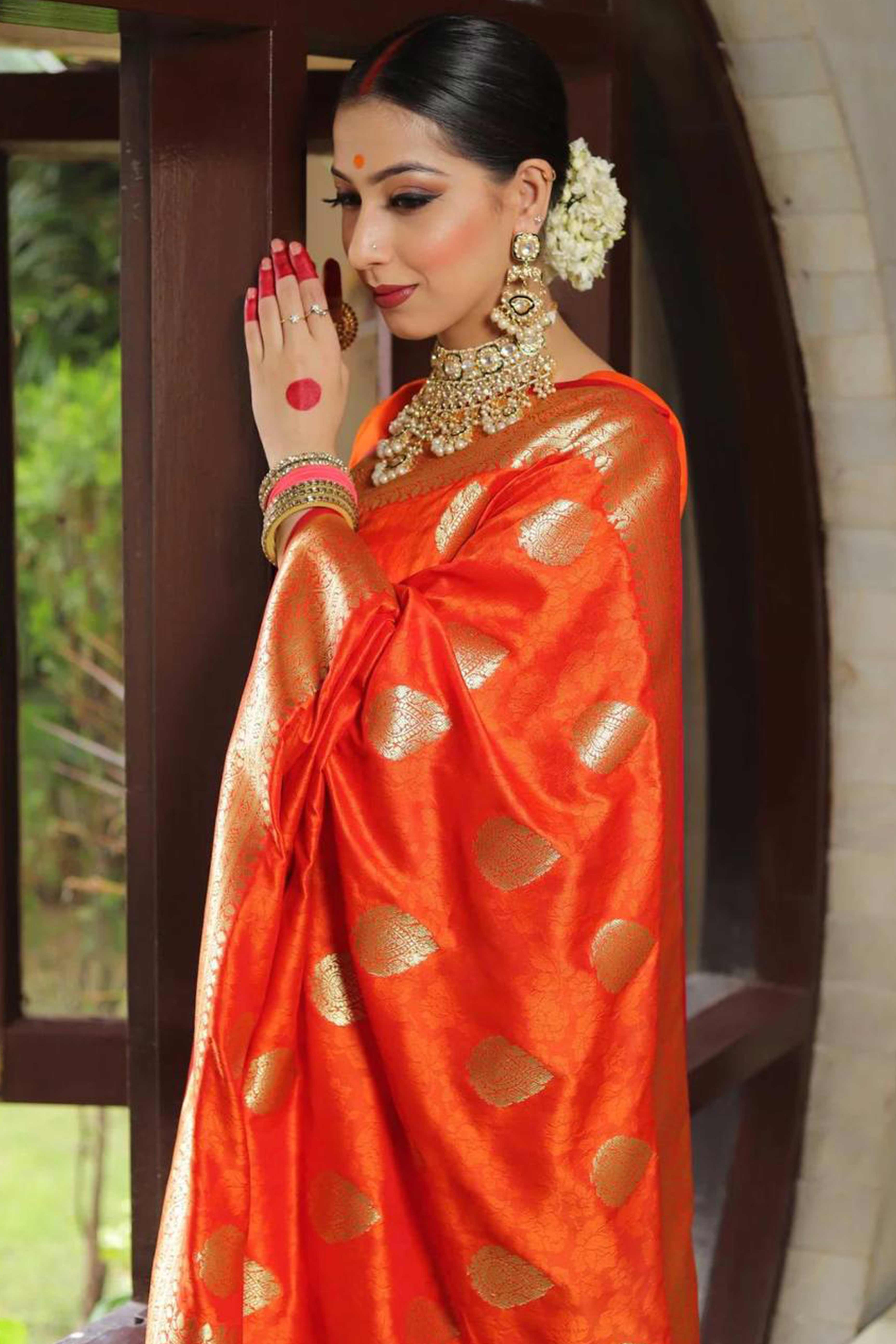 Orange Floral Woven Lichi Banarasi Silk Saree