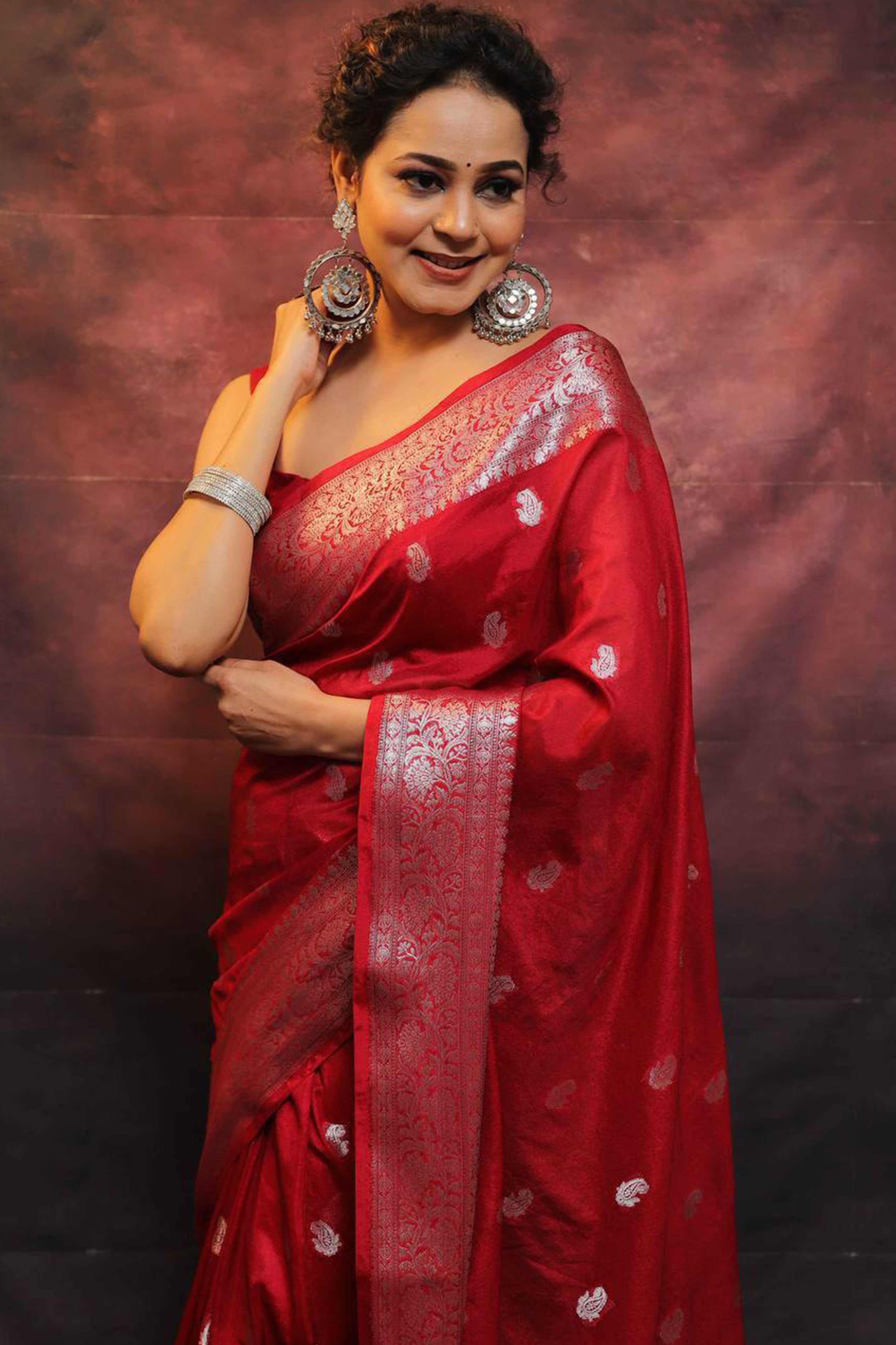 Red Floral Woven Lichi Banarasi Silk Saree