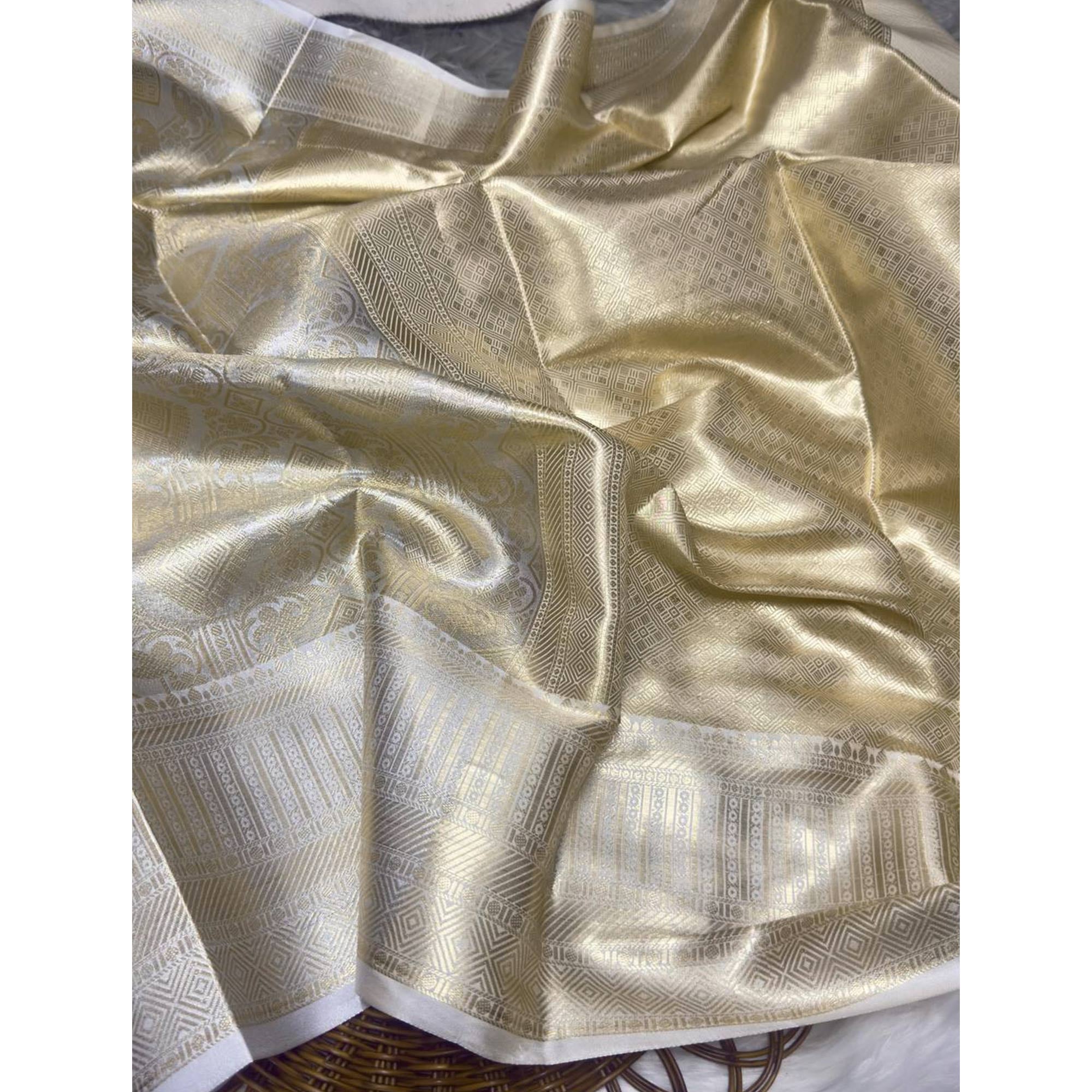 Handloom Banarasi Golden Tissue Silk Saree Adorned with Intricate Traditional Patterns