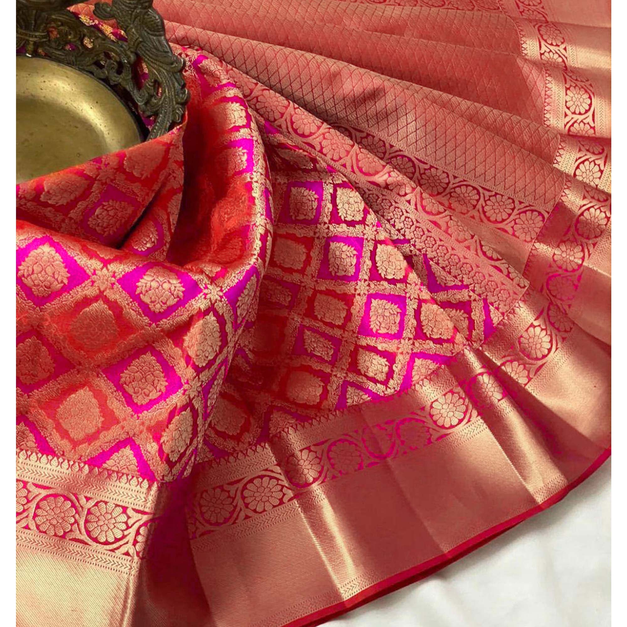 Rani Pink Floral Woven Lichi Banarasi Silk Saree