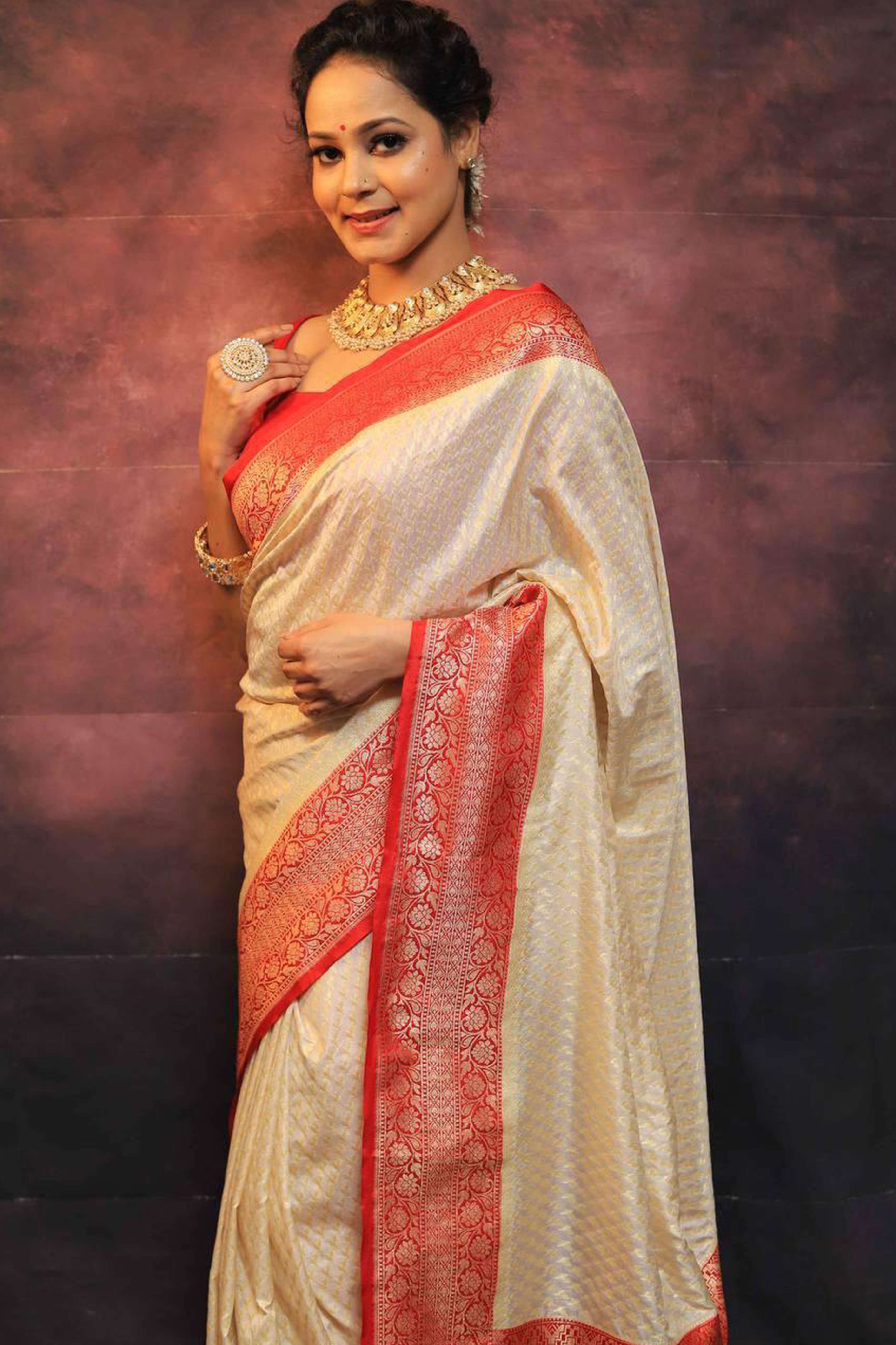 Cream & Red Woven Lichi Banarasi Silk Saree