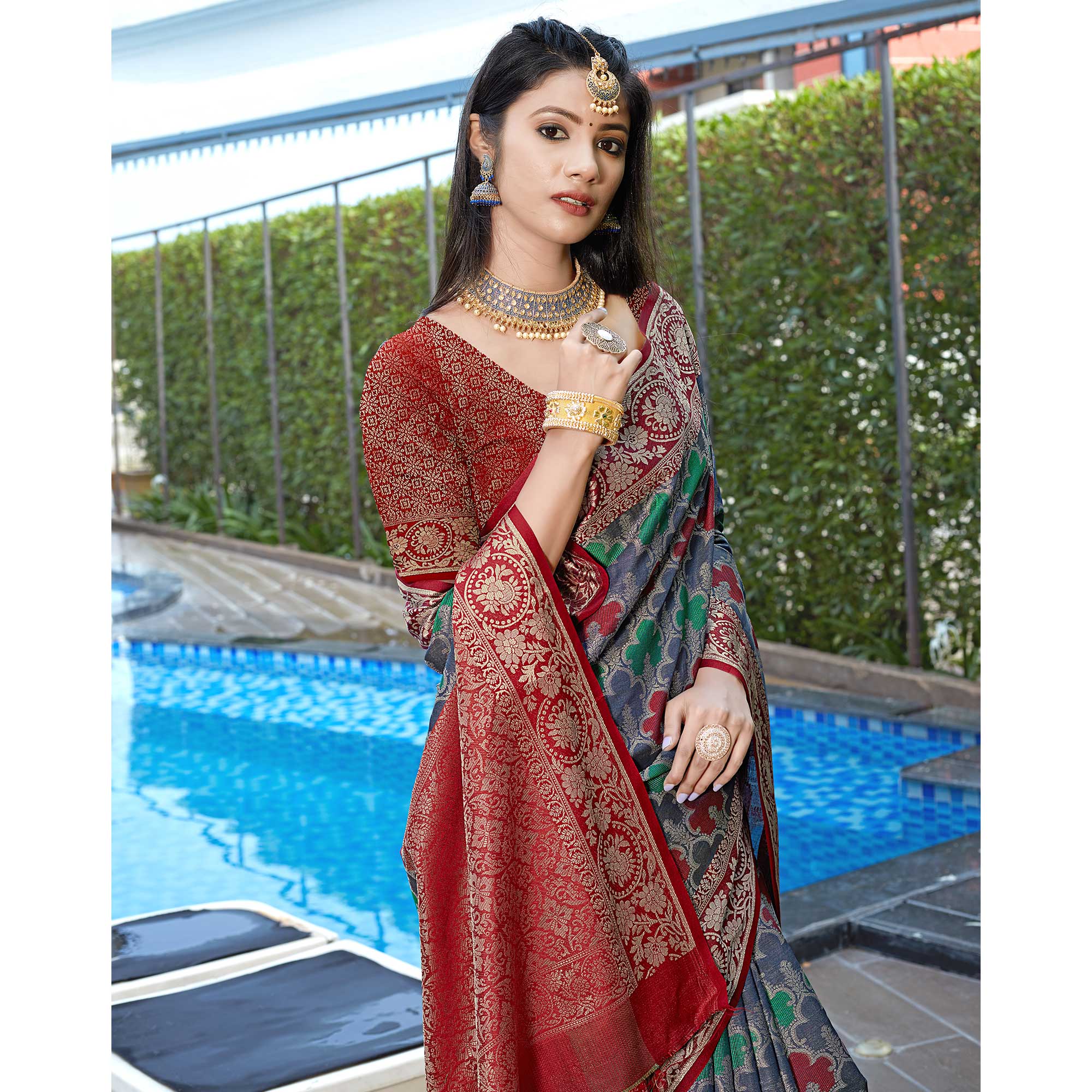 Blue Floral Woven Art Silk Saree