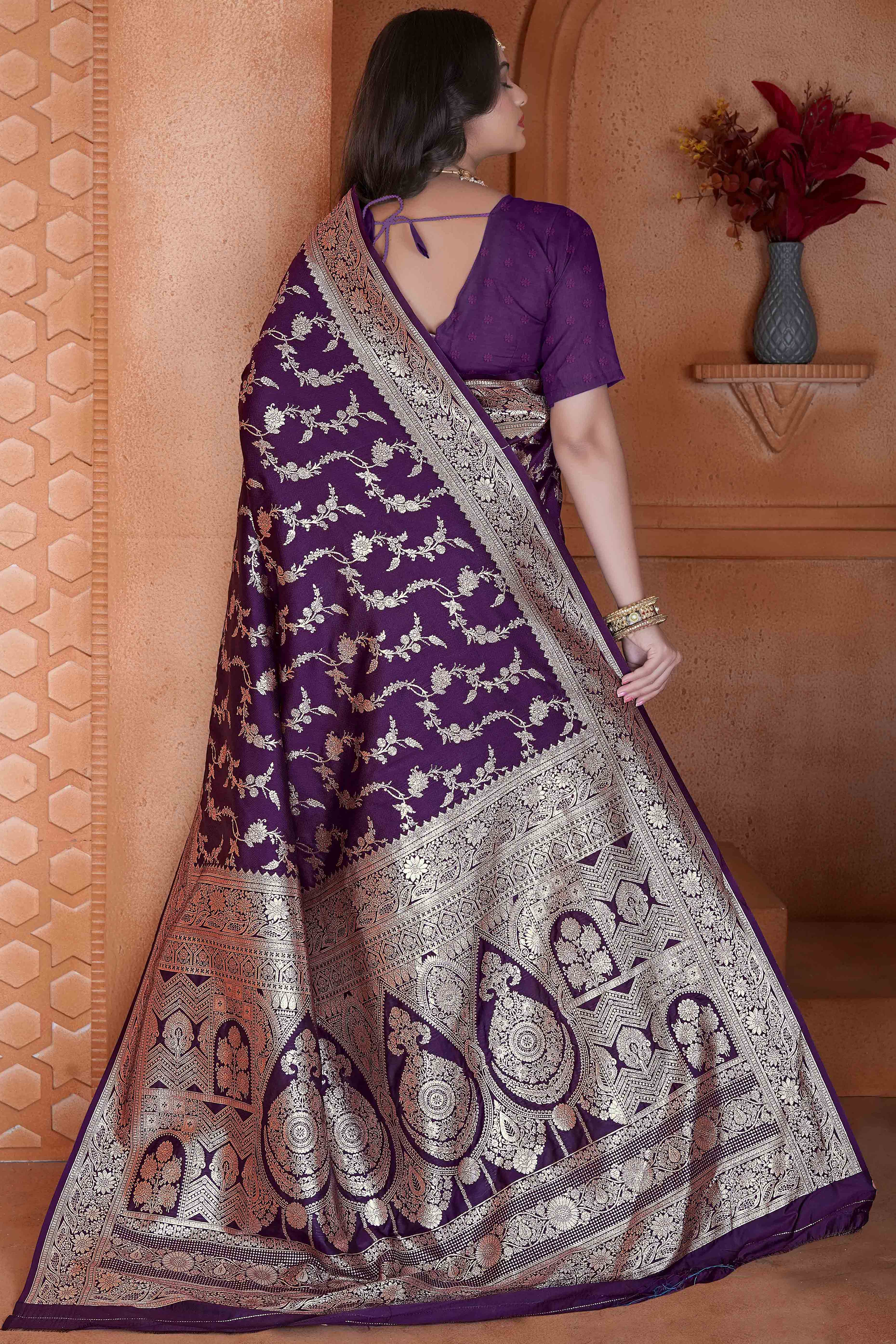 Purple Saree in Art Silk Featuring Traditional Zari Woven Floral Motifs for Special Occasions