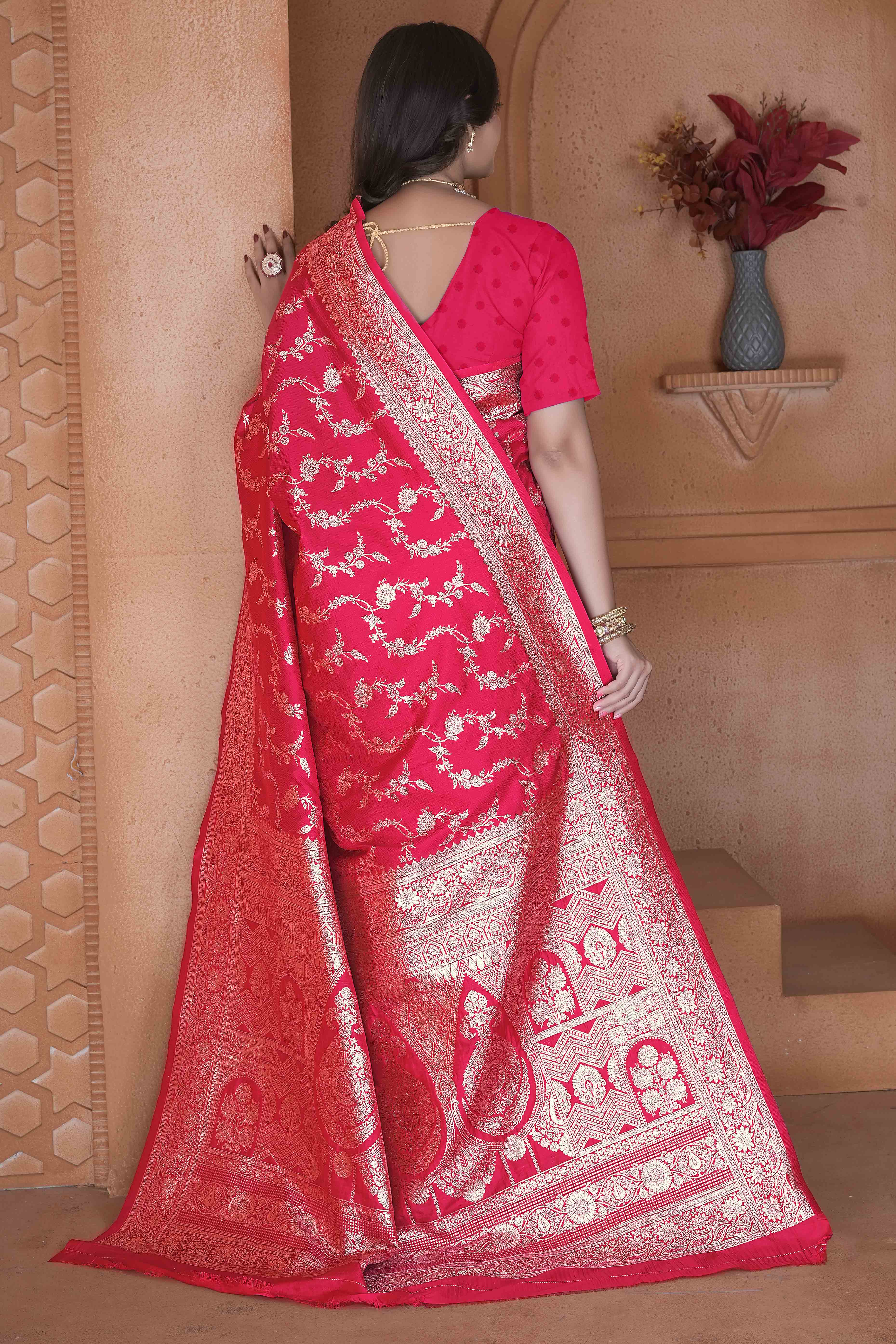 Pink Saree in Art Silk Featuring Traditional Zari Woven Floral Motifs for Special Occasions