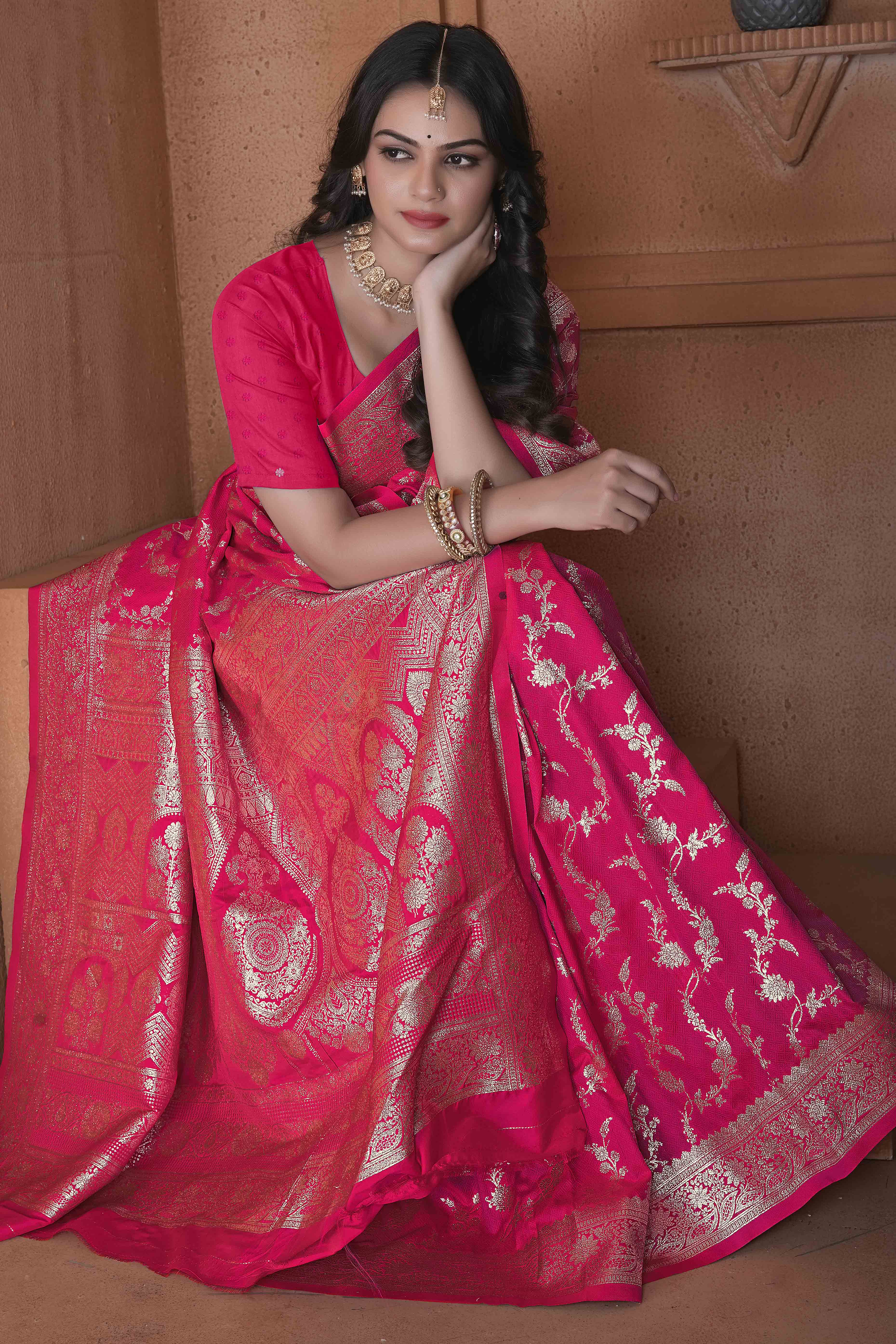 Pink Saree in Art Silk Featuring Traditional Zari Woven Floral Motifs for Special Occasions