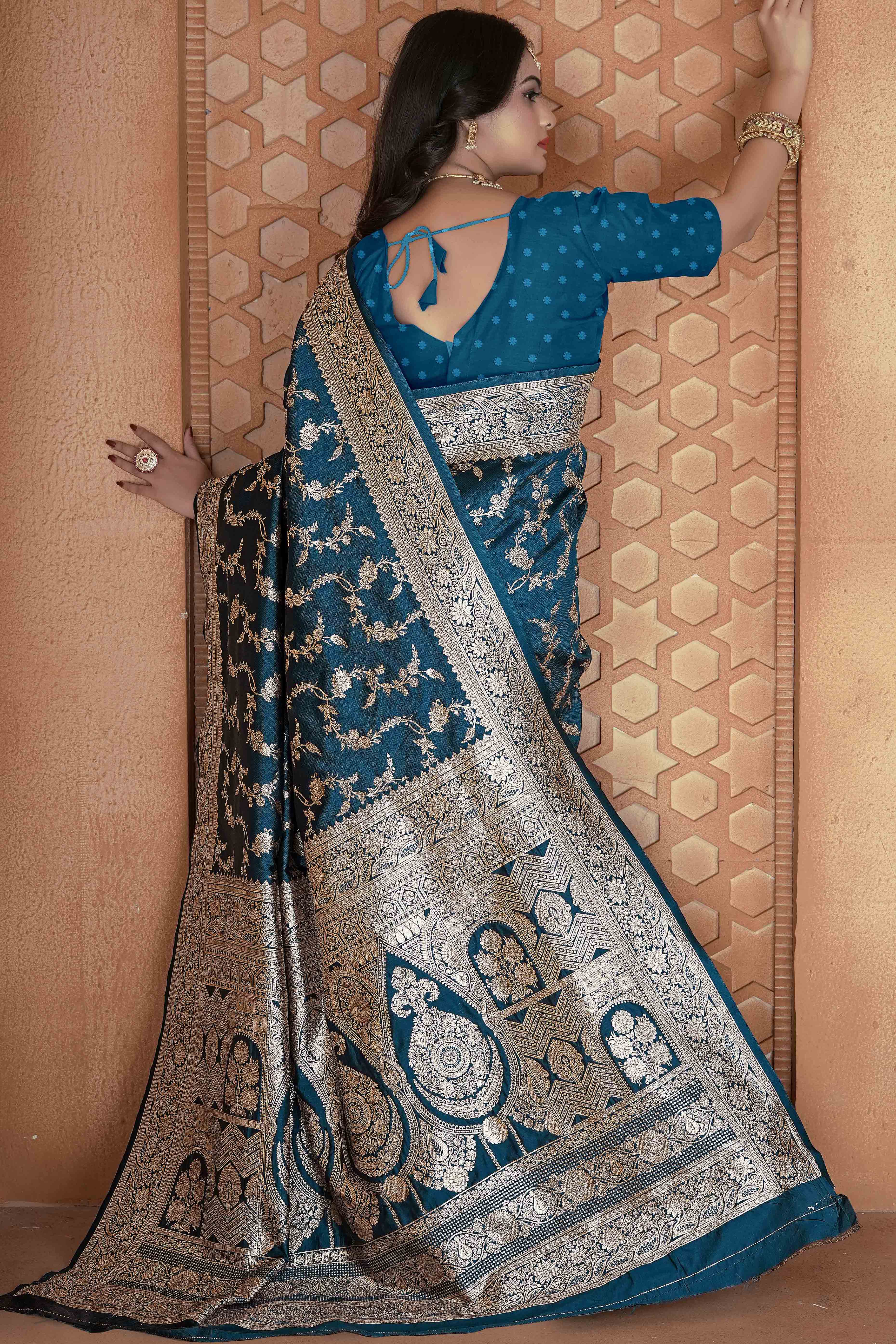 Teal Saree in Art Silk Featuring Traditional Zari Woven Floral Motifs for Special Occasions