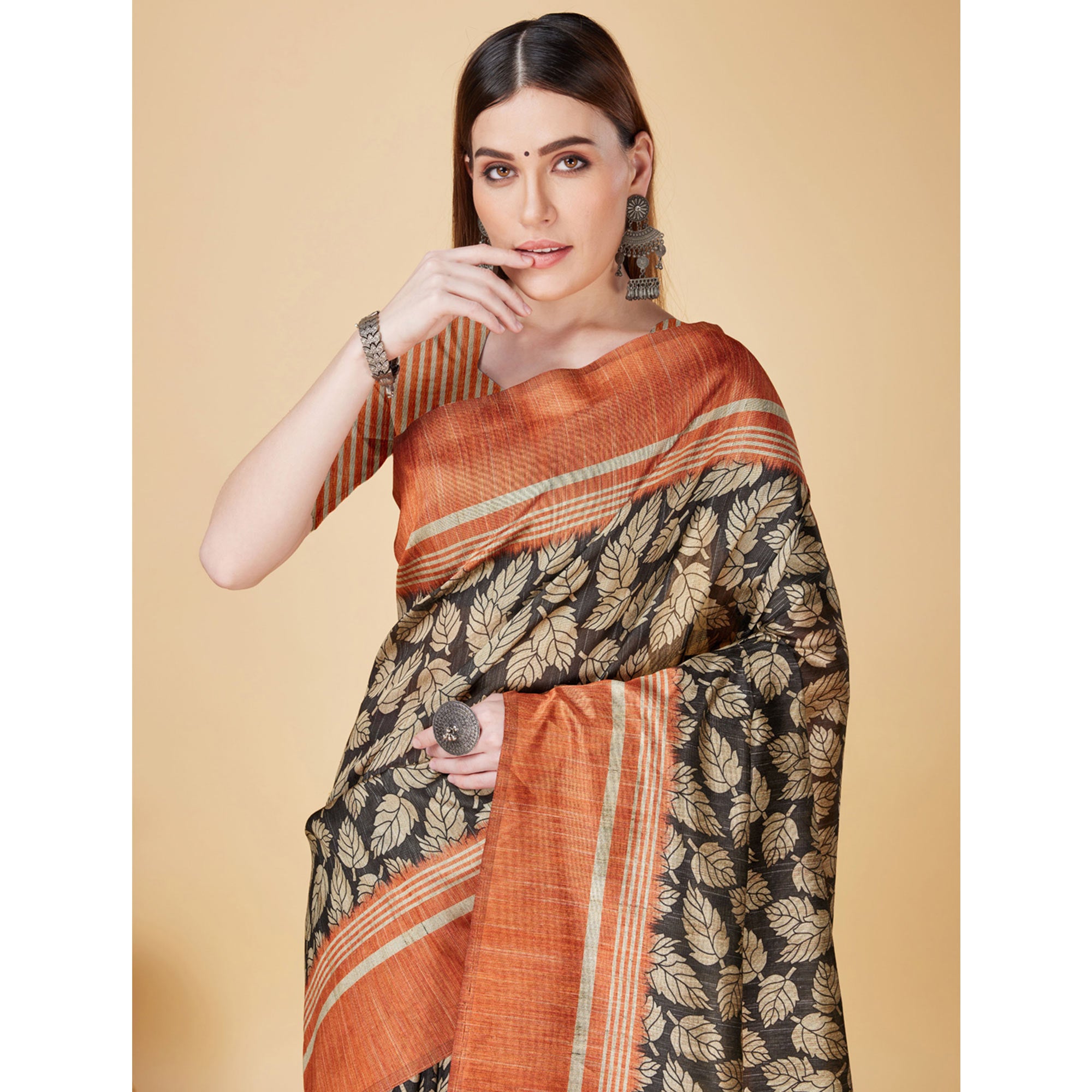 Black & Rust Printed Bhagalpuri Silk Saree With Tassels