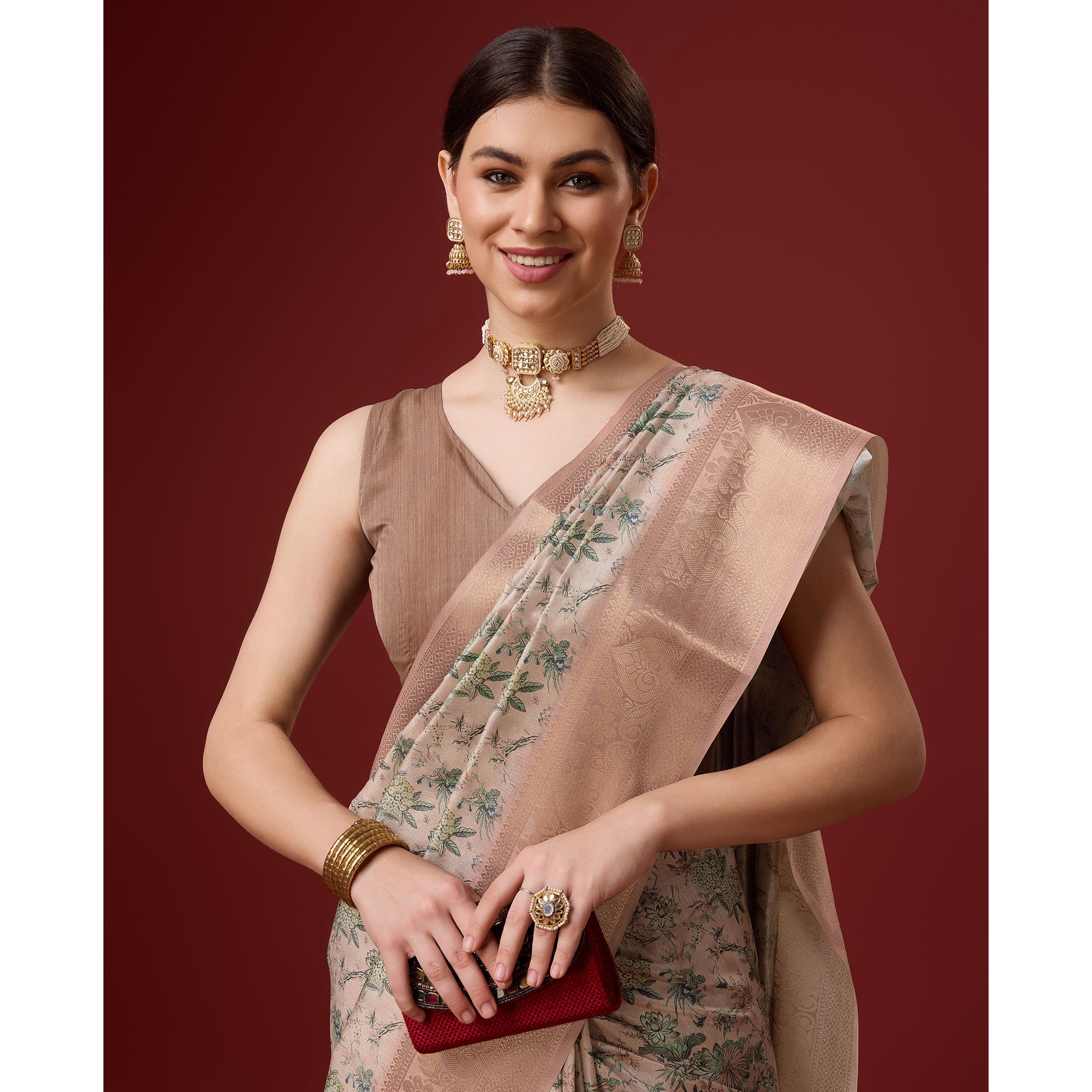 Beige Digital Printed Cotton Silk Saree With Border