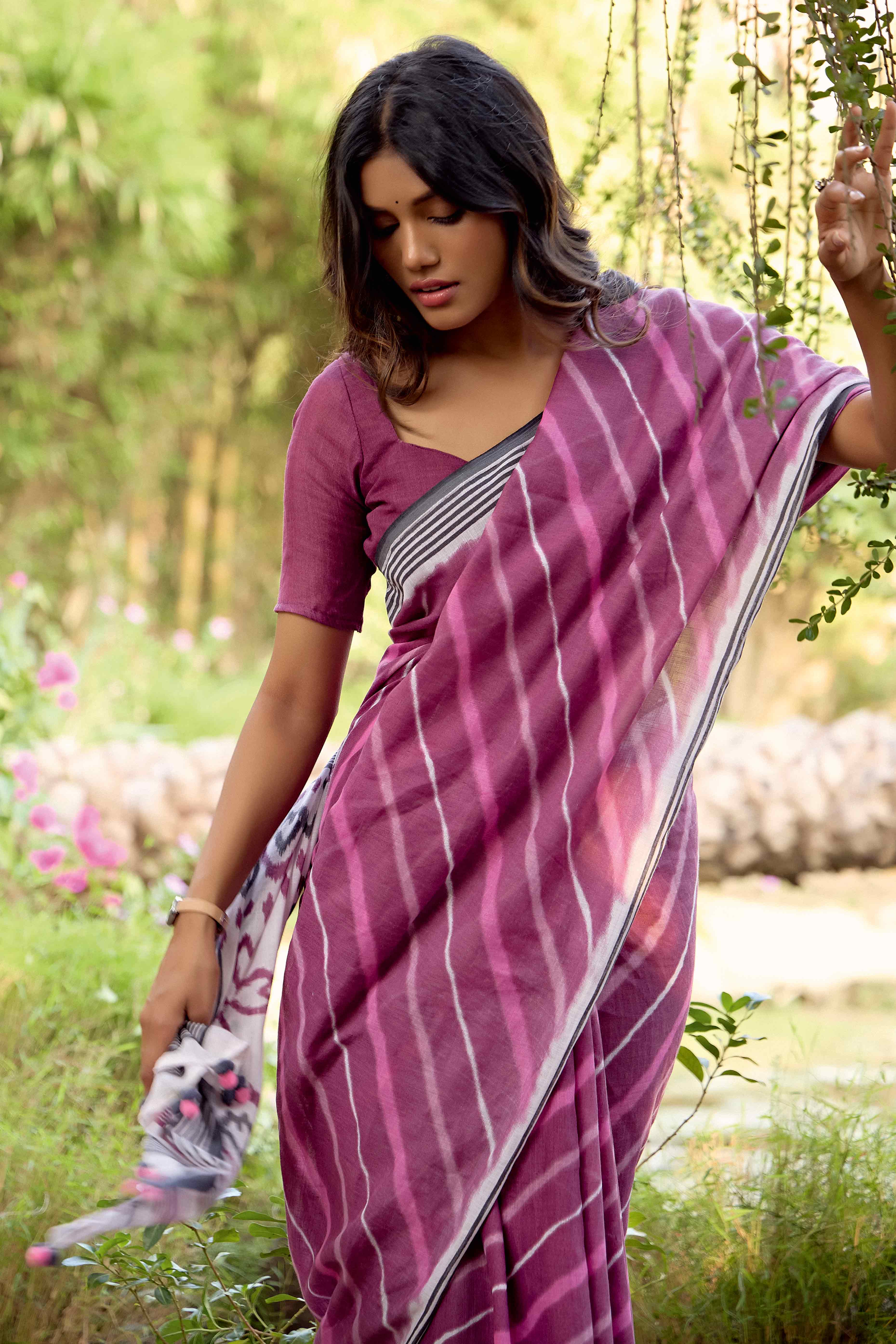 Mauve Leheriya Printed Linen Saree