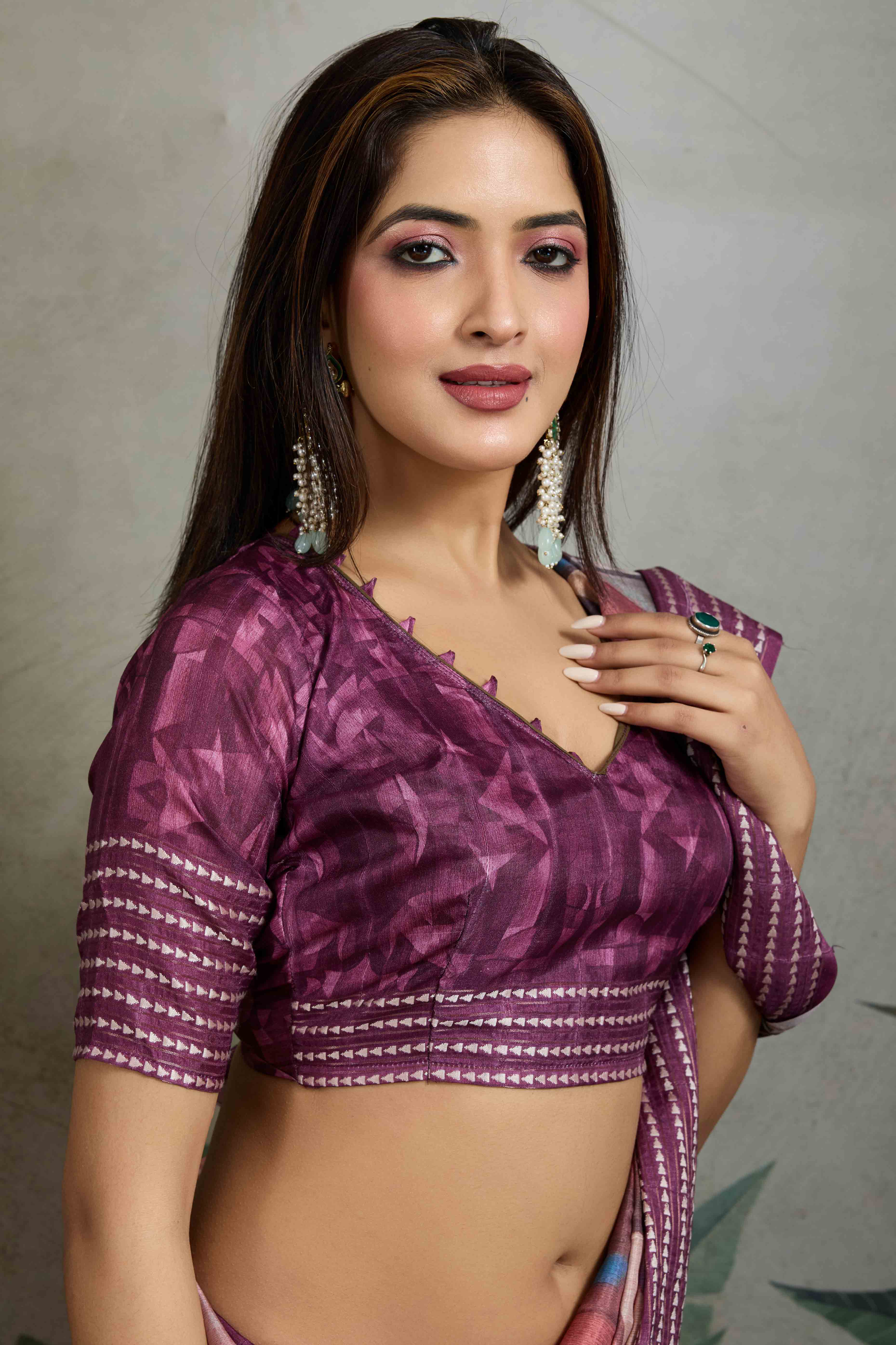Purple Silk Blend Saree with Geometric Print