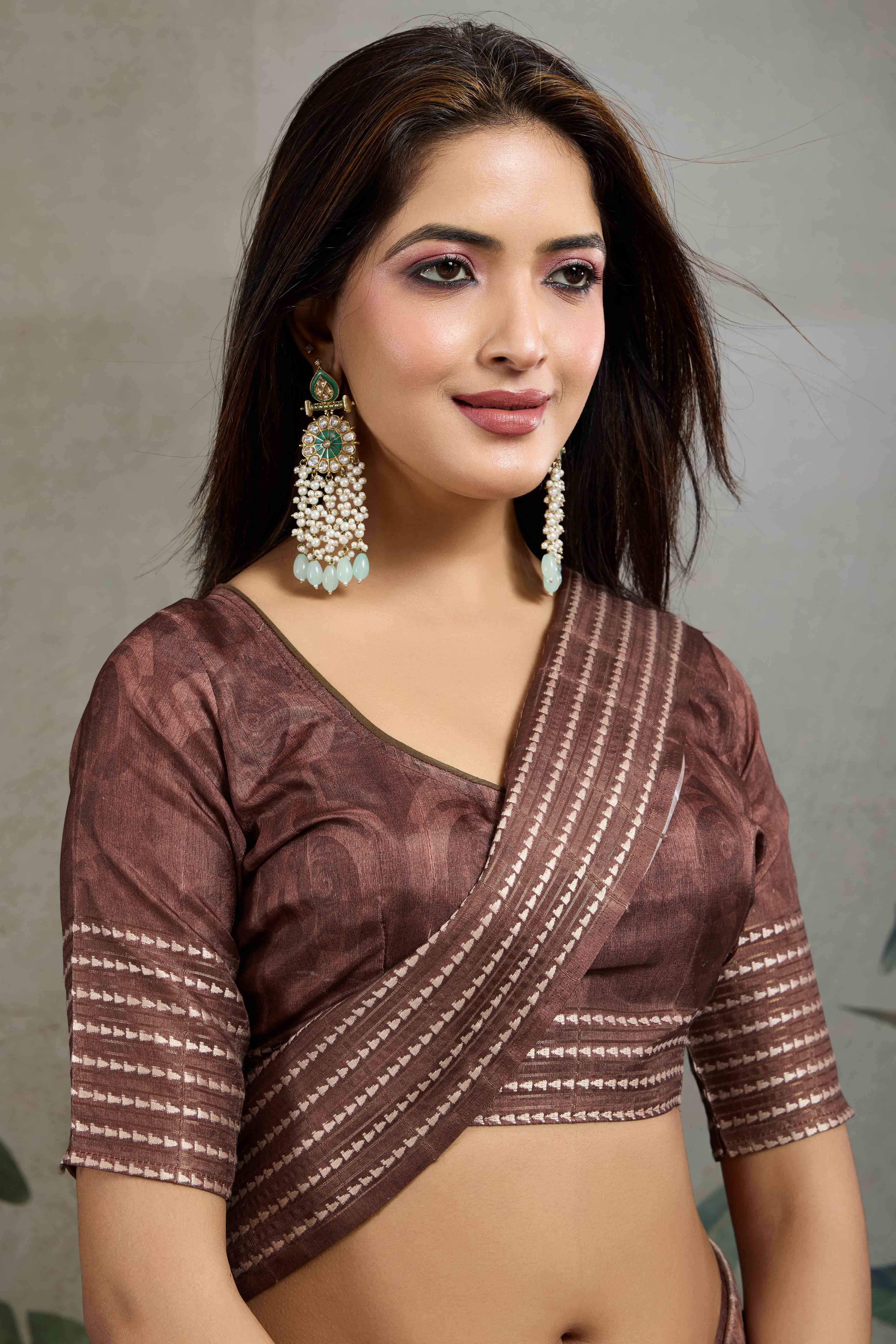 Brown Silk Blend Saree with Geometric Print