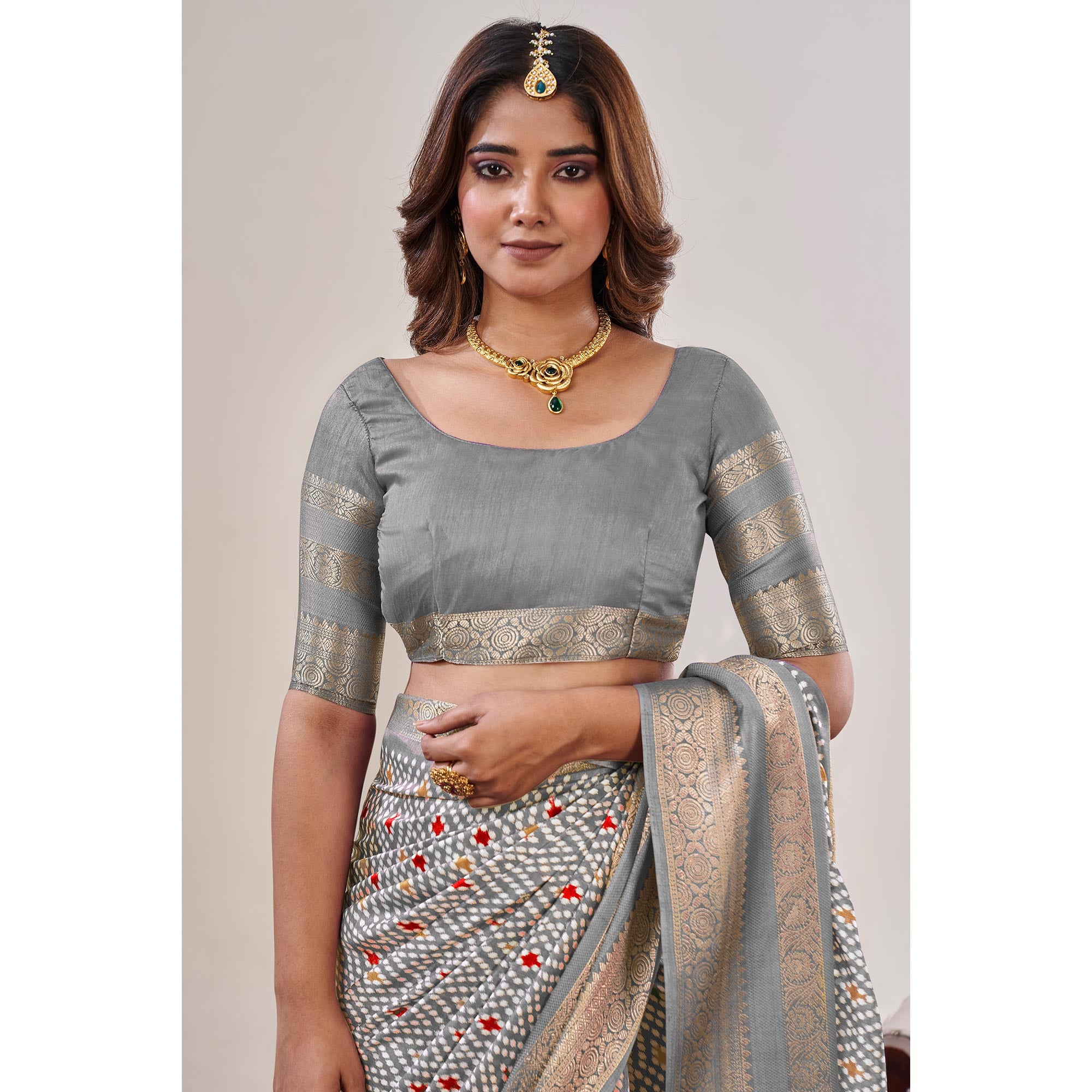 Grey Ikkat Printed With Jacquard Border Cotton Silk Saree