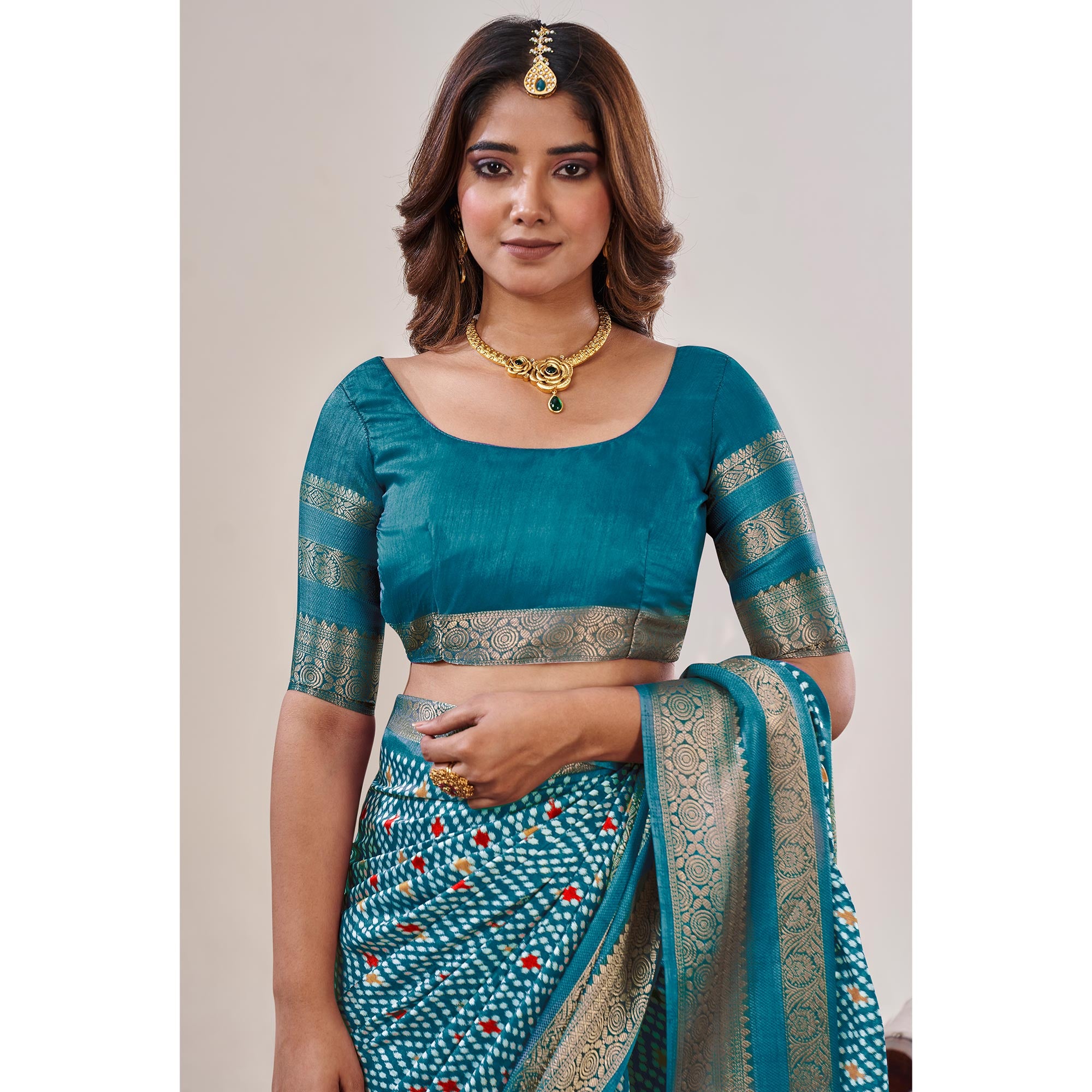 Rama Blue Ikkat Printed With Jacquard Border Cotton Silk Saree