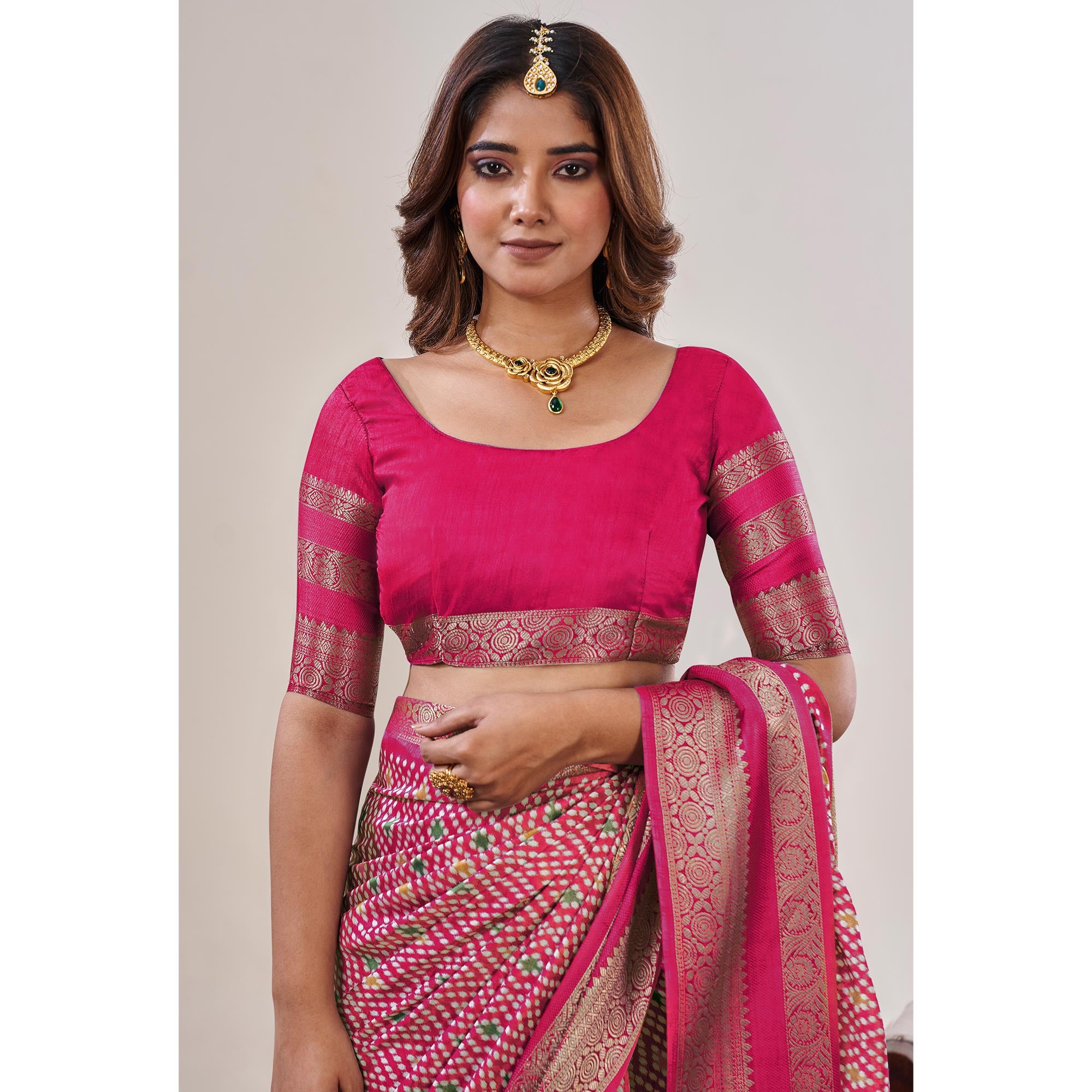 Pink Ikkat Printed With Jacquard Border Cotton Silk Saree