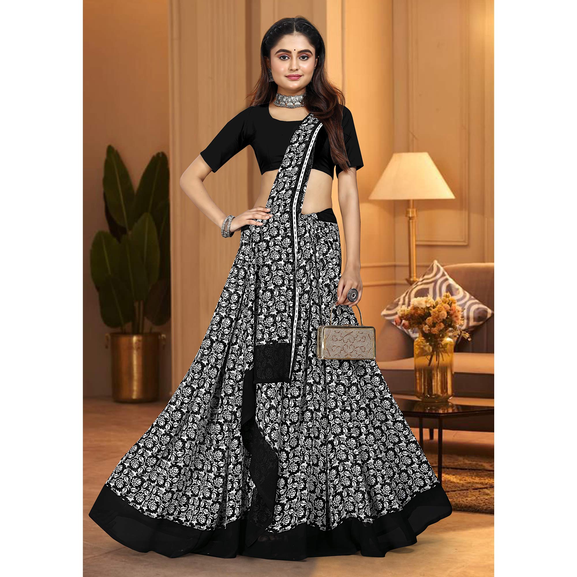 Black & White Floral Printed Georgette Saree