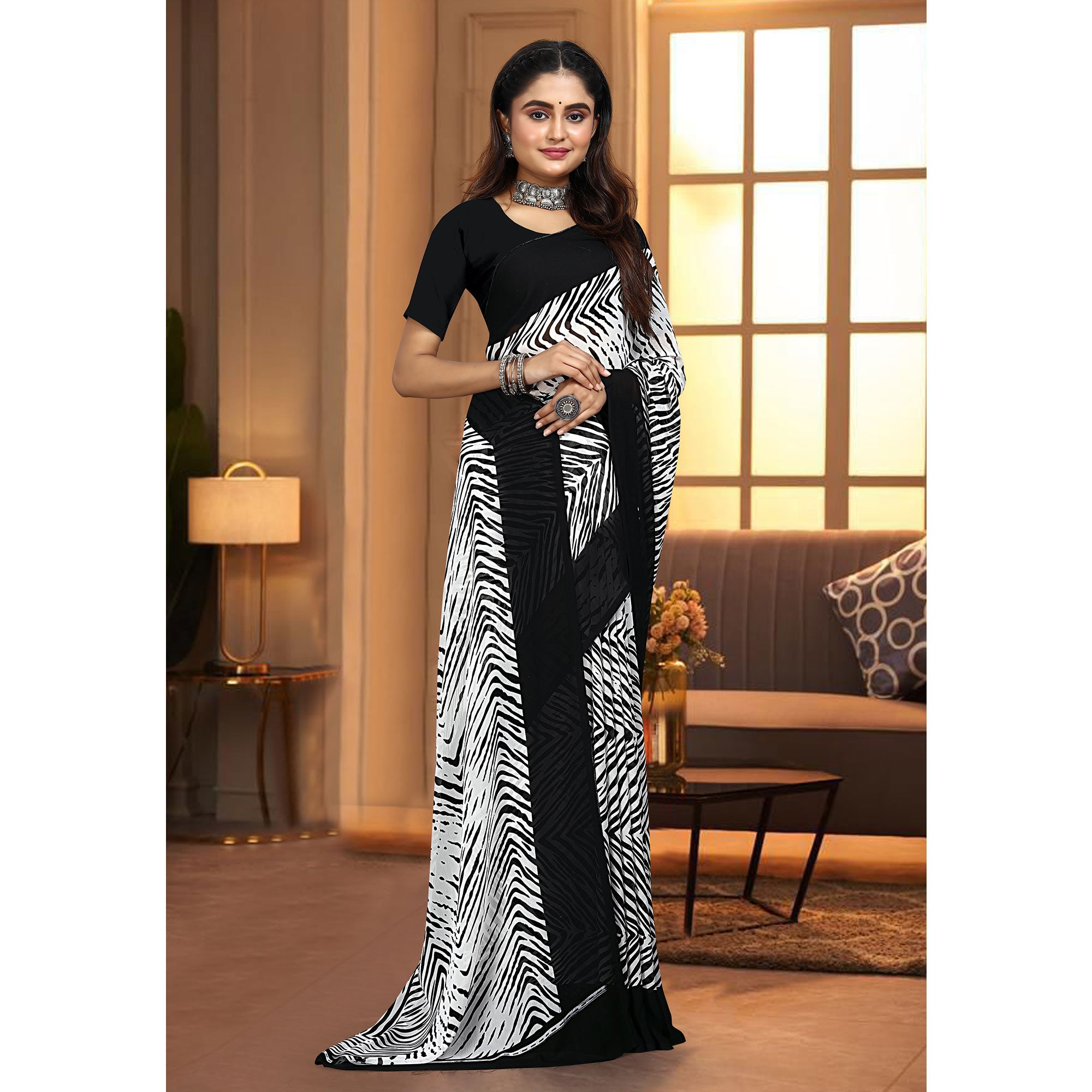 Black & White Striped Printed Georgette Saree