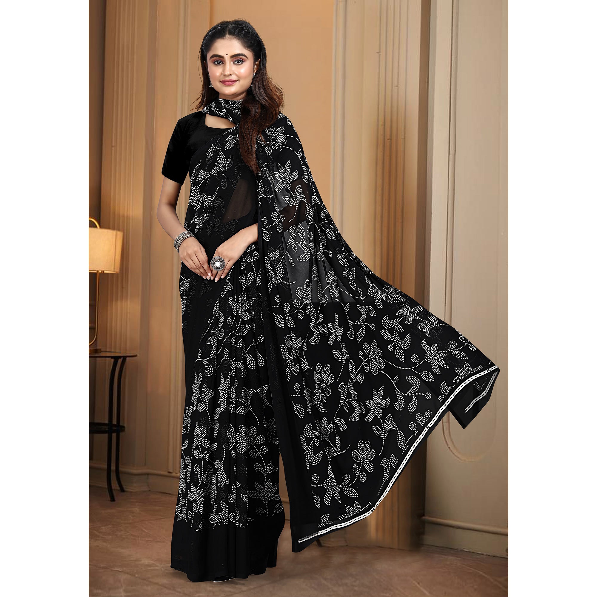 Black & White Floral Printed Georgette Saree