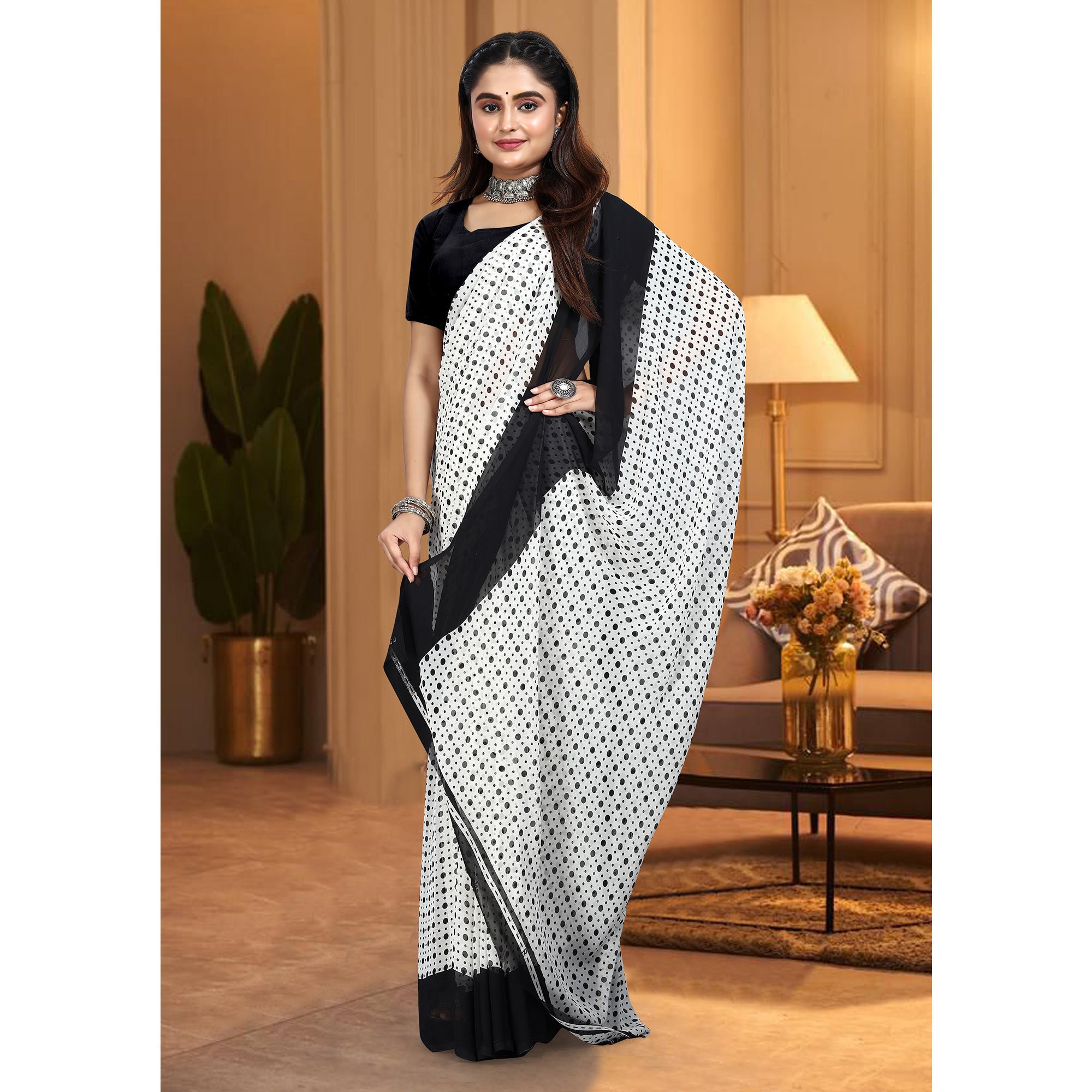 White & Black Polka Dot Printed Georgette Saree