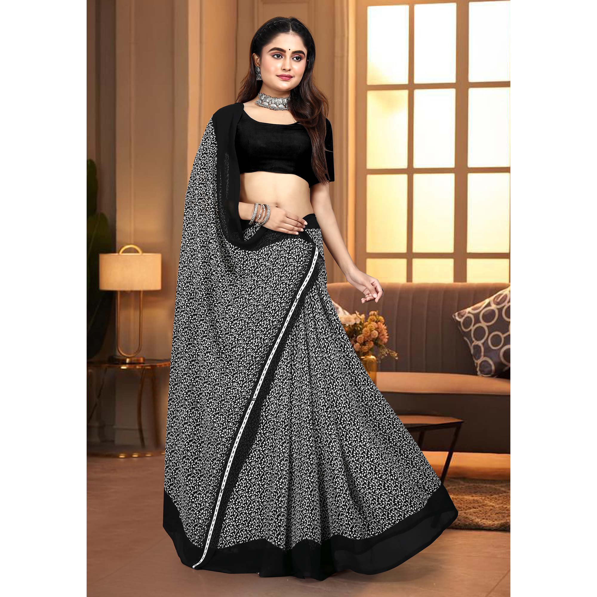 Black & White Floral Printed Georgette Saree