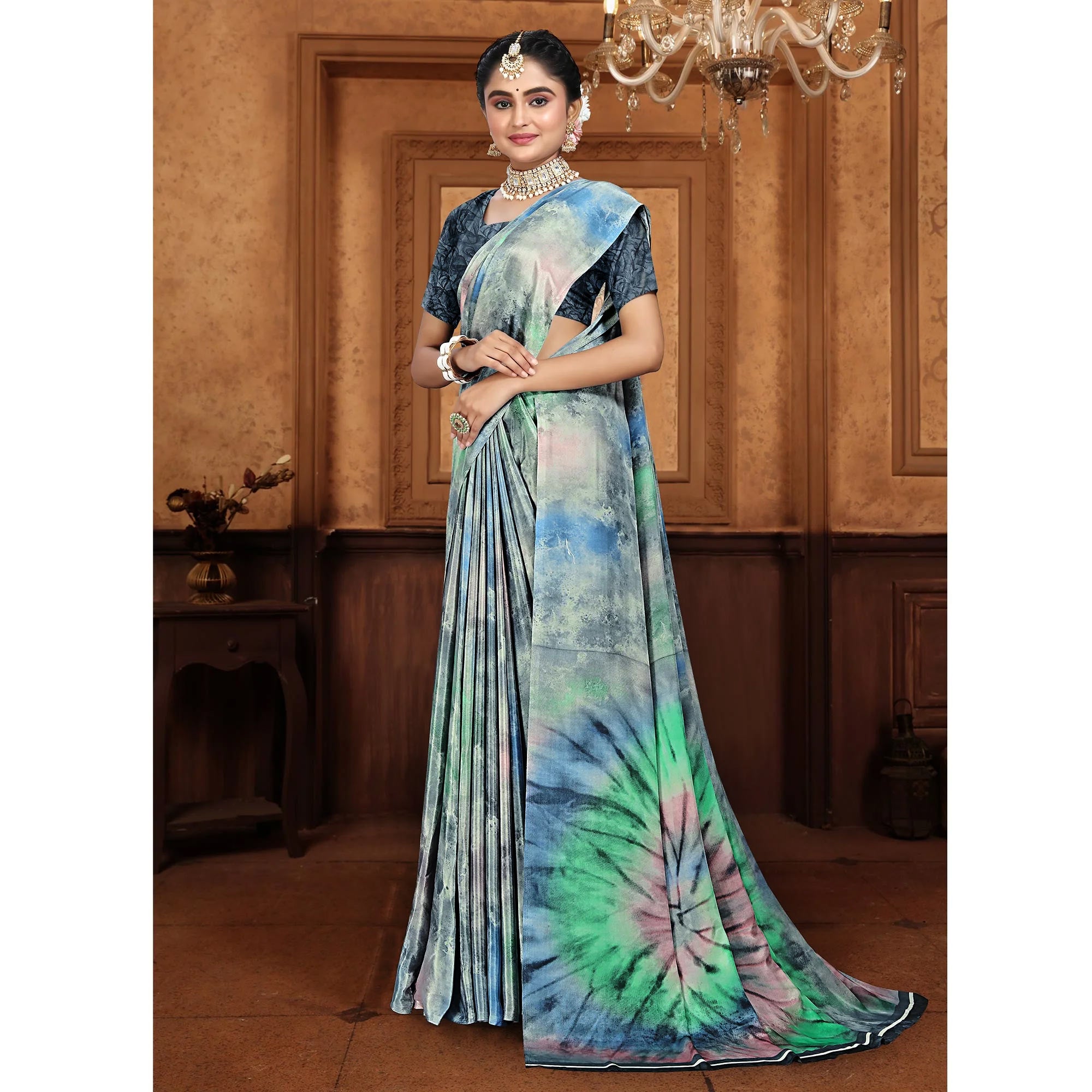 Bluish Grey Printed Crepe Silk Saree