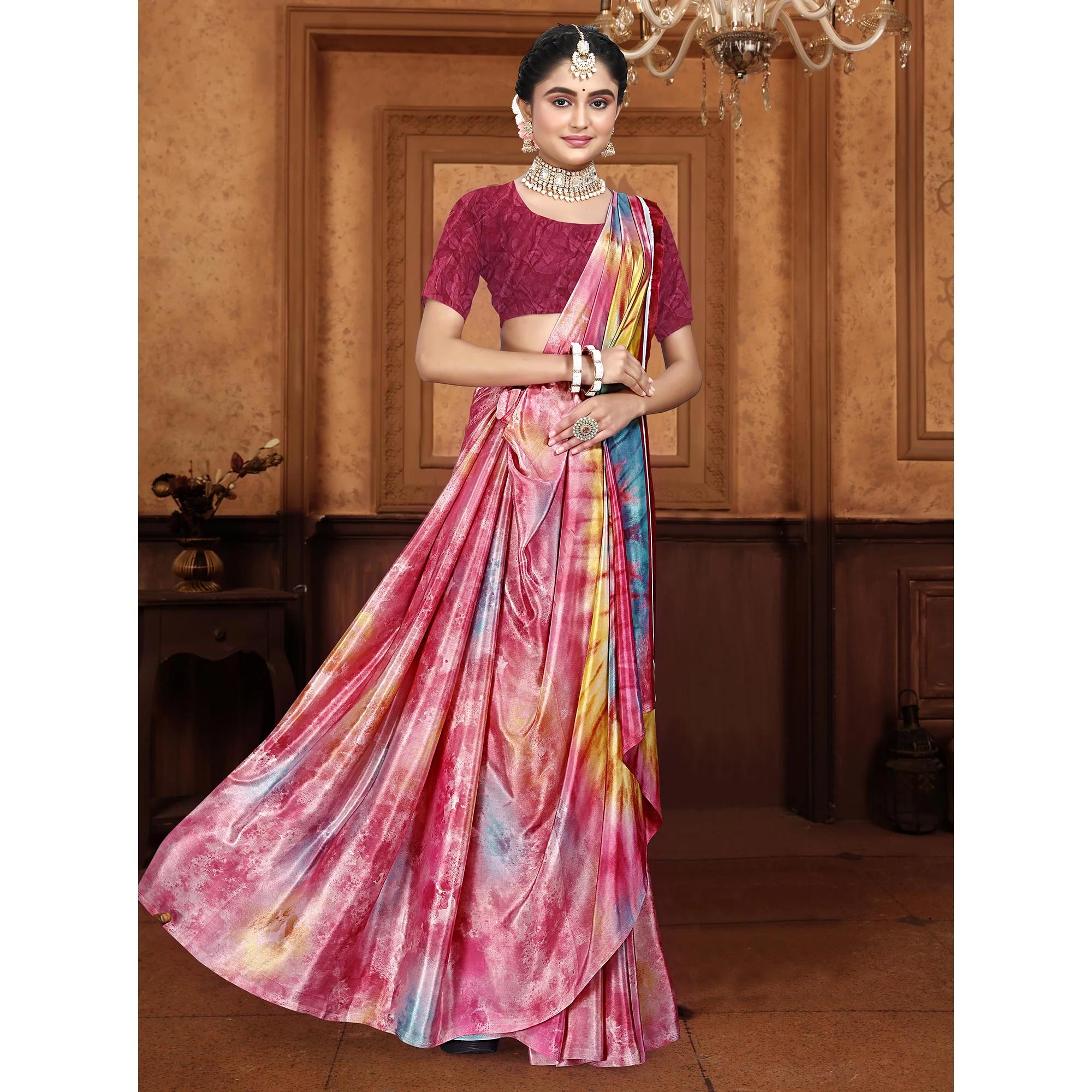Pink Printed Crepe Silk Saree