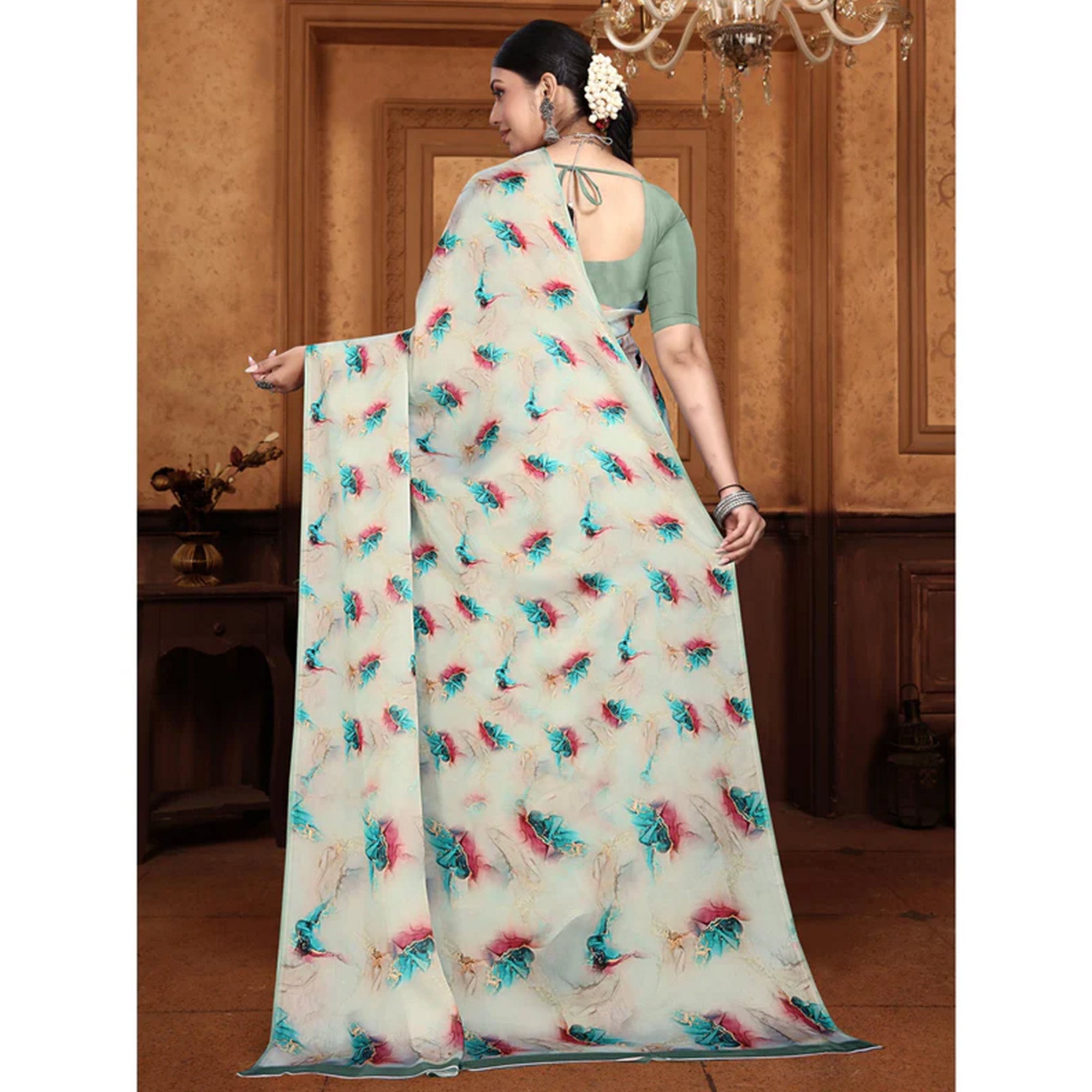 Cream Digital Printed Georgette Saree