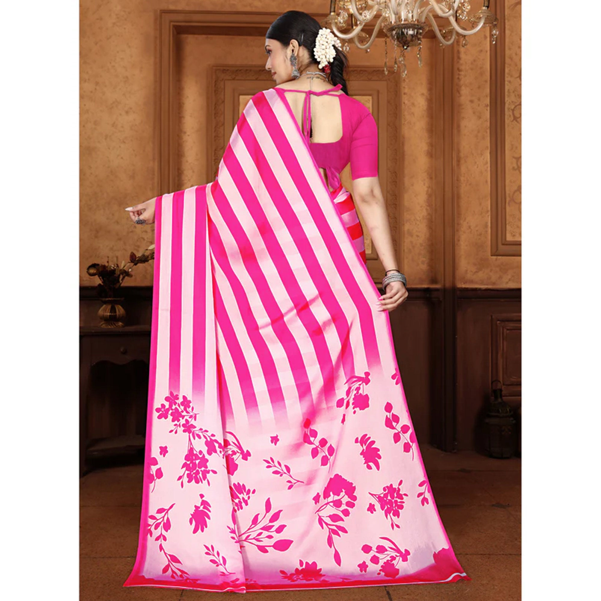 Pink Striped Digital Printed Georgette Saree