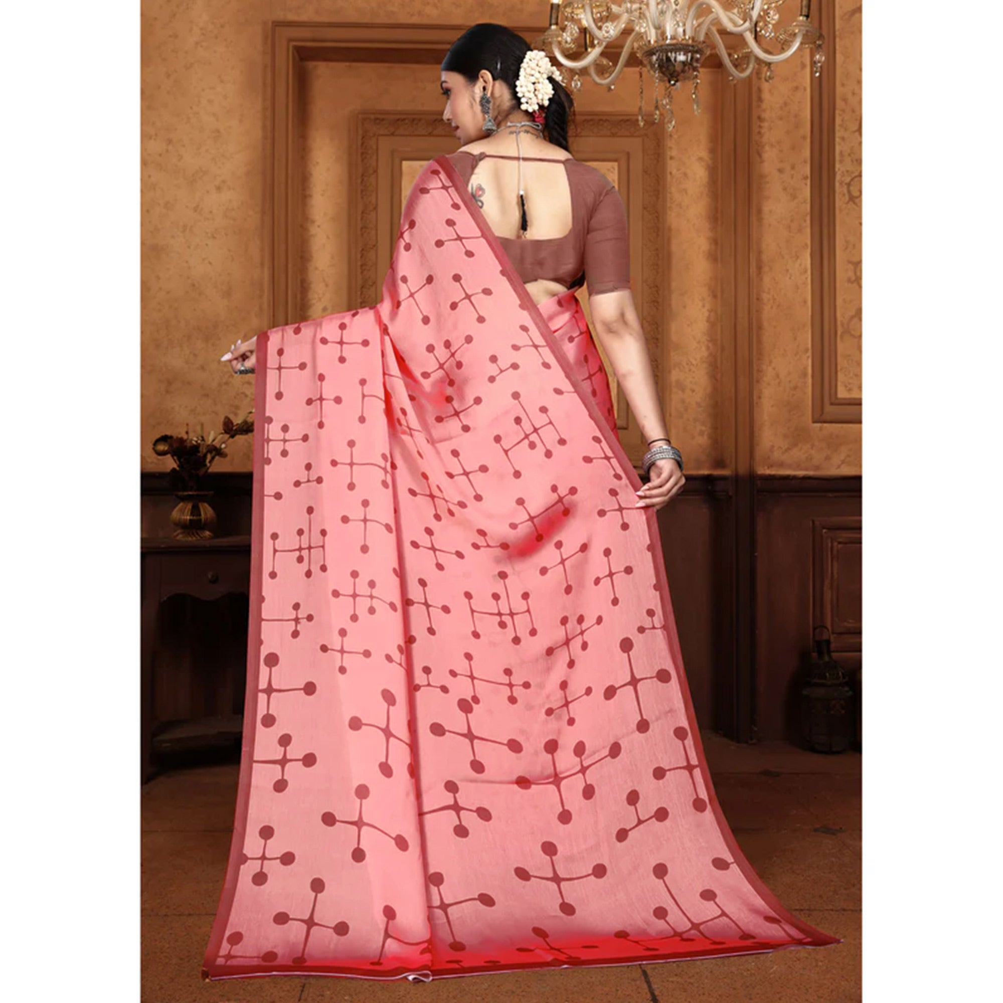 Peach Digital Printed Georgette Saree