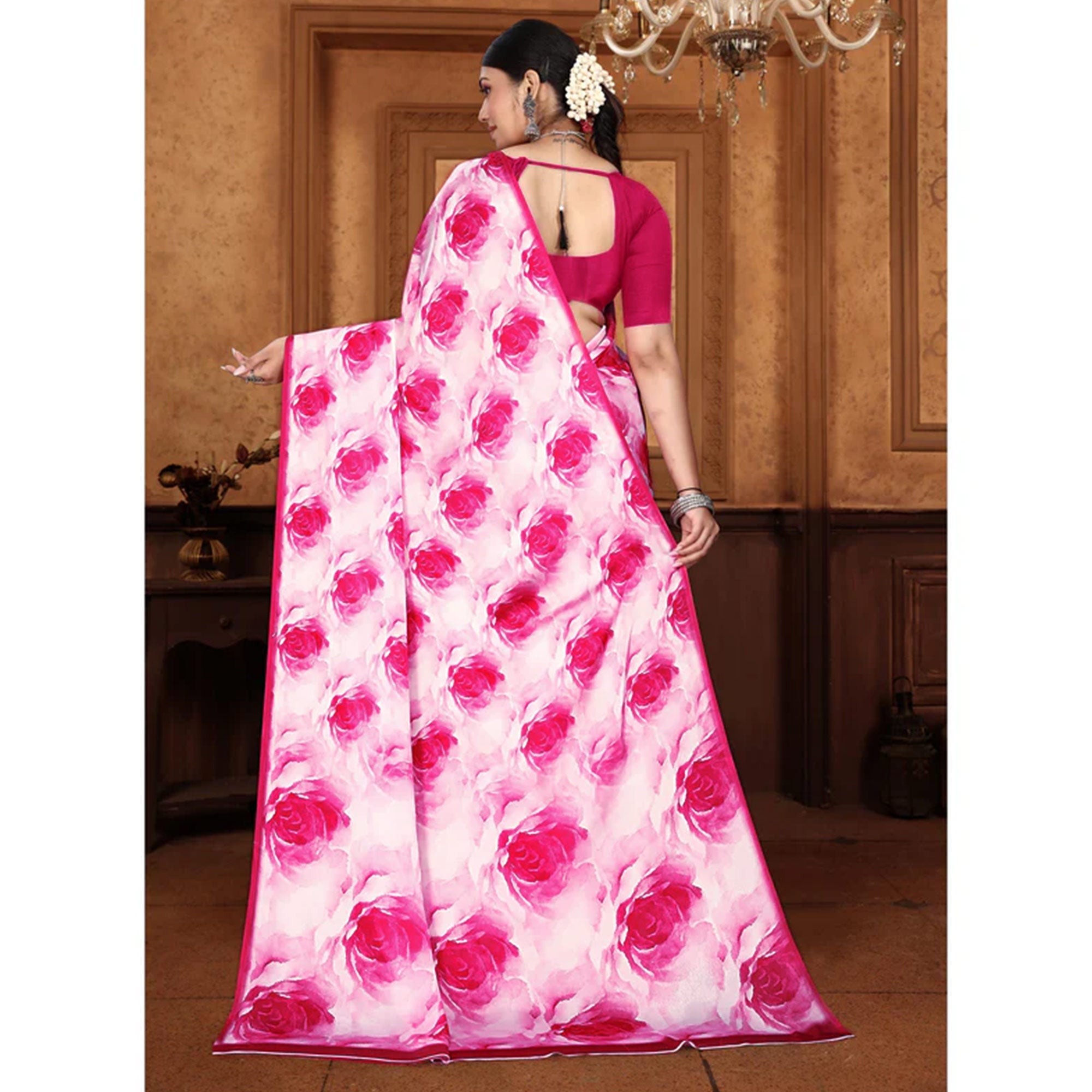 Pink Floral Digital Printed Georgette Saree