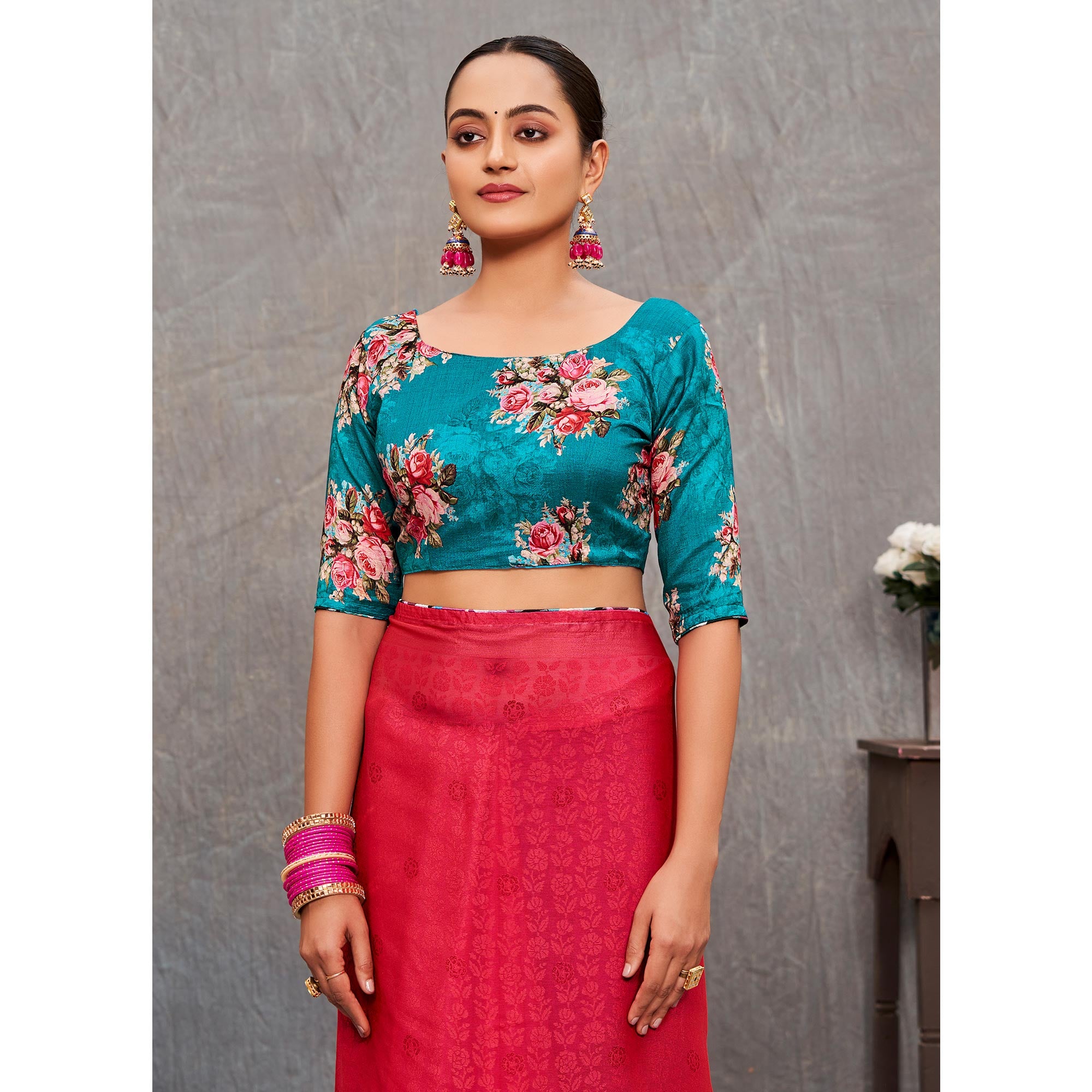 Pink Floral Printed Brasso Saree