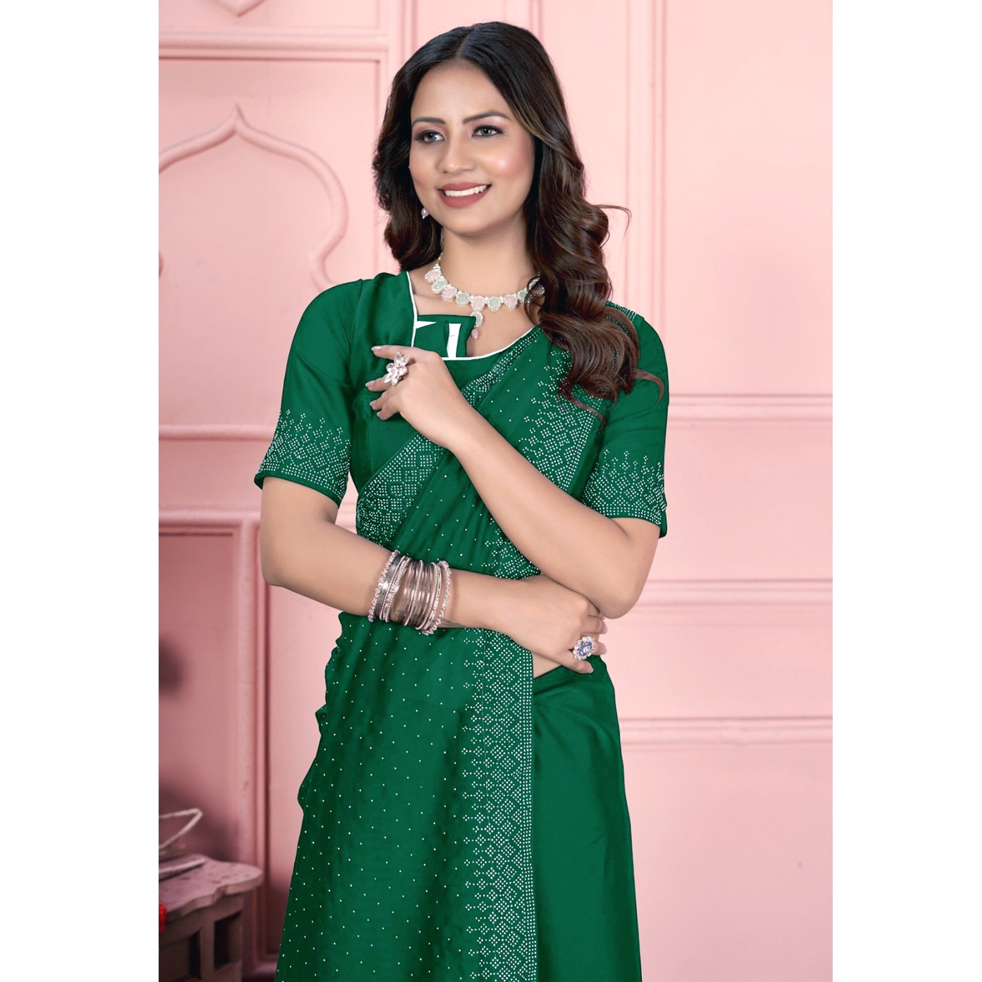 Green Swarovski Work Satin Saree