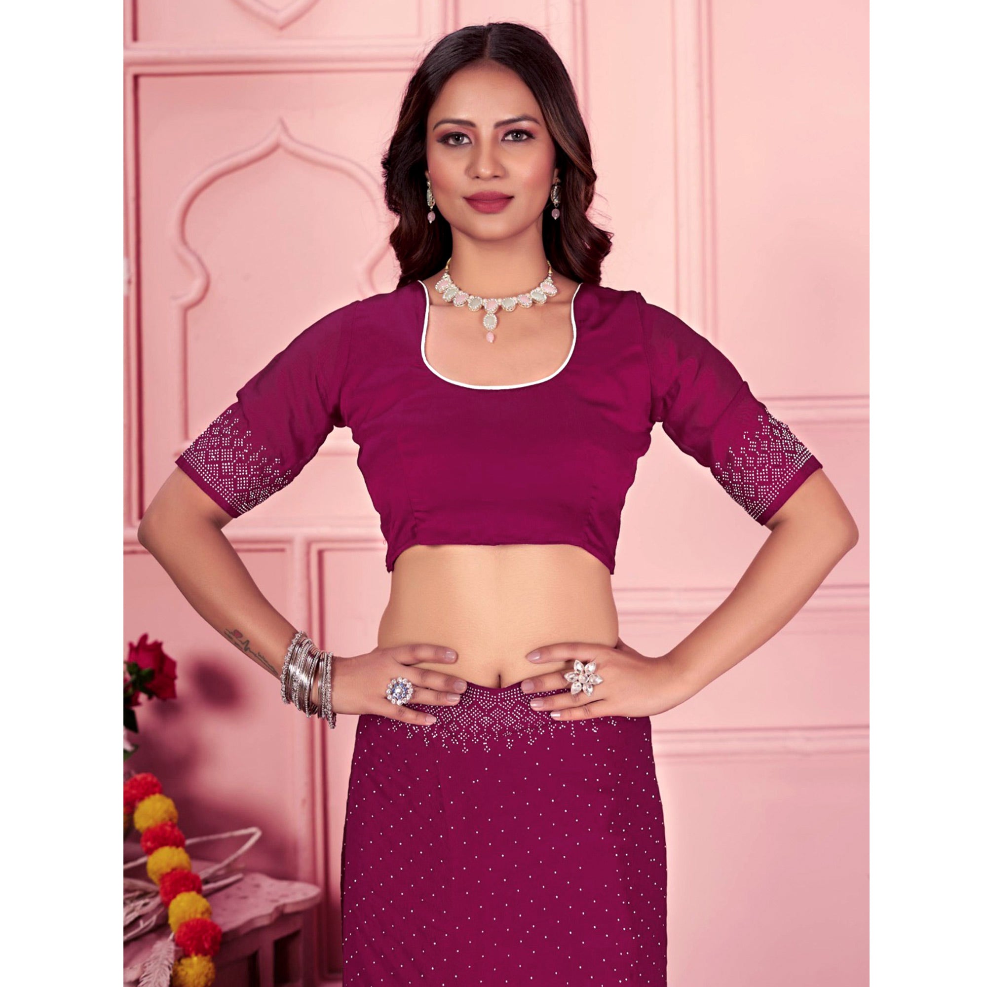 Rani Pink Swarovski Work Satin Saree