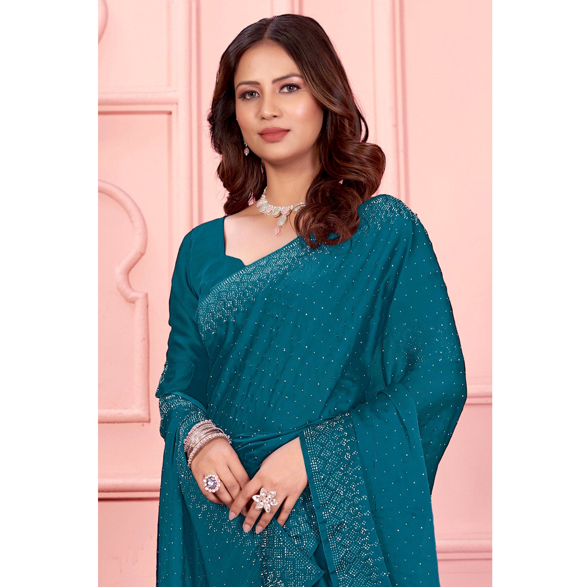 Teal Swarovski Work Satin Saree