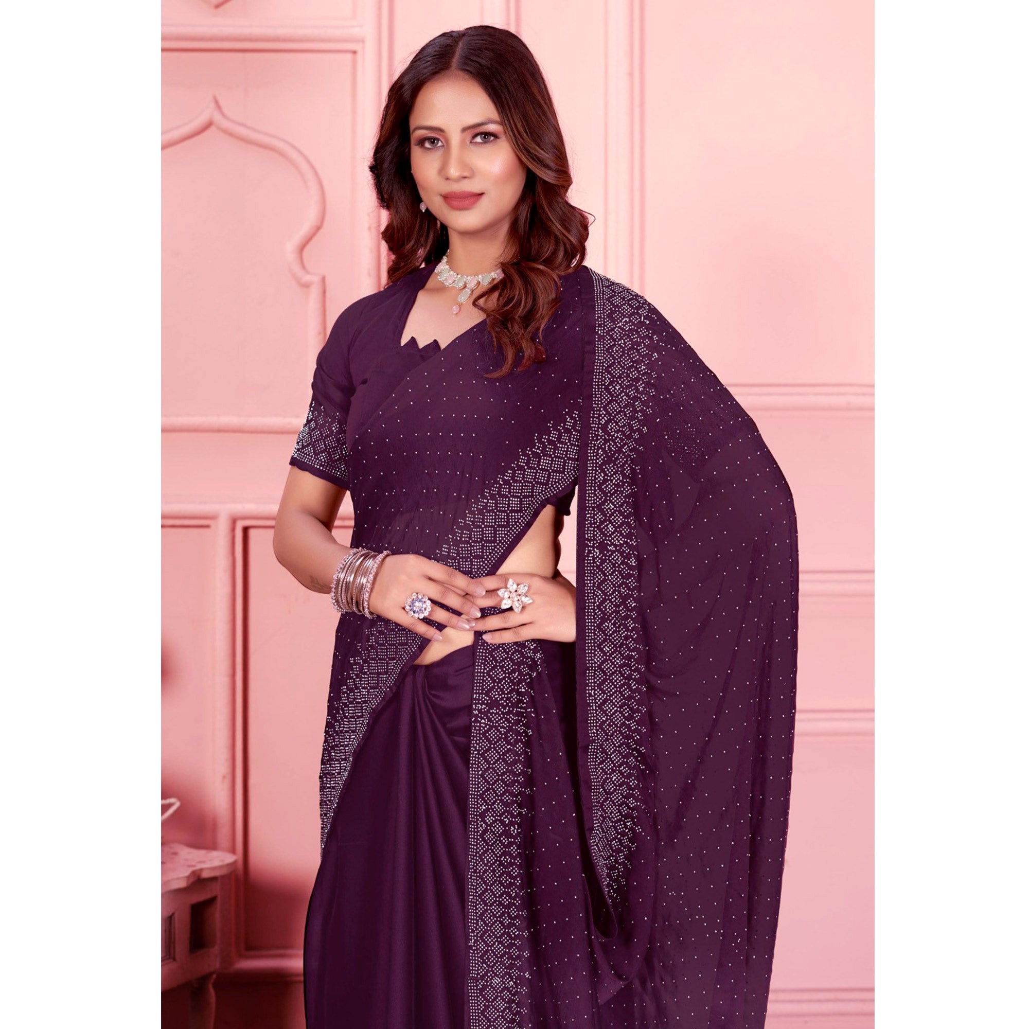 Wine Swarovski Work Satin Saree