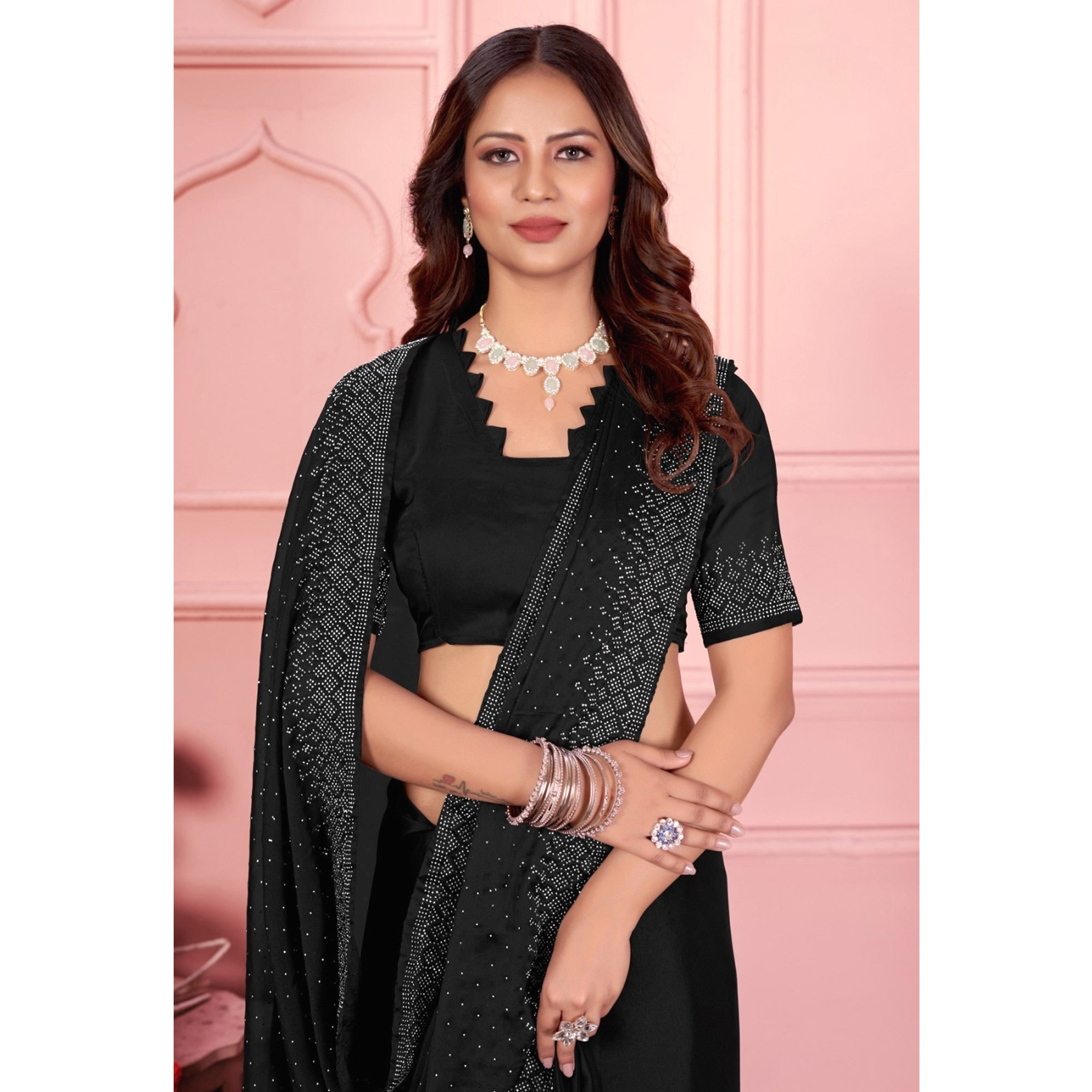 Black Swarovski Work Satin Saree