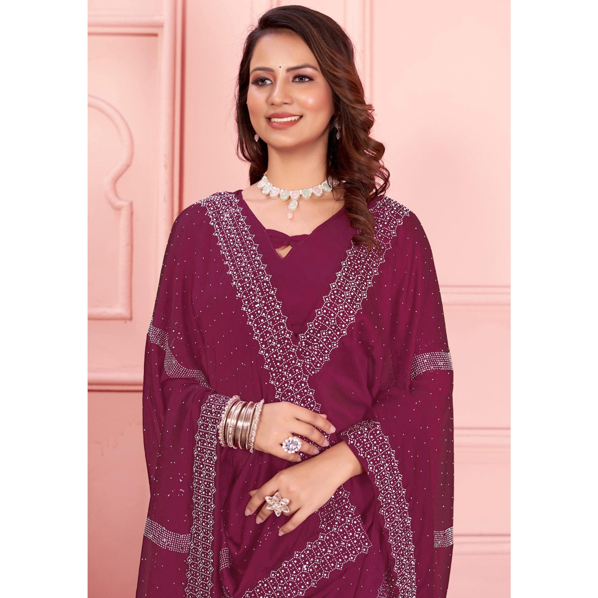 Rani Pink Swarovski Work Satin Saree