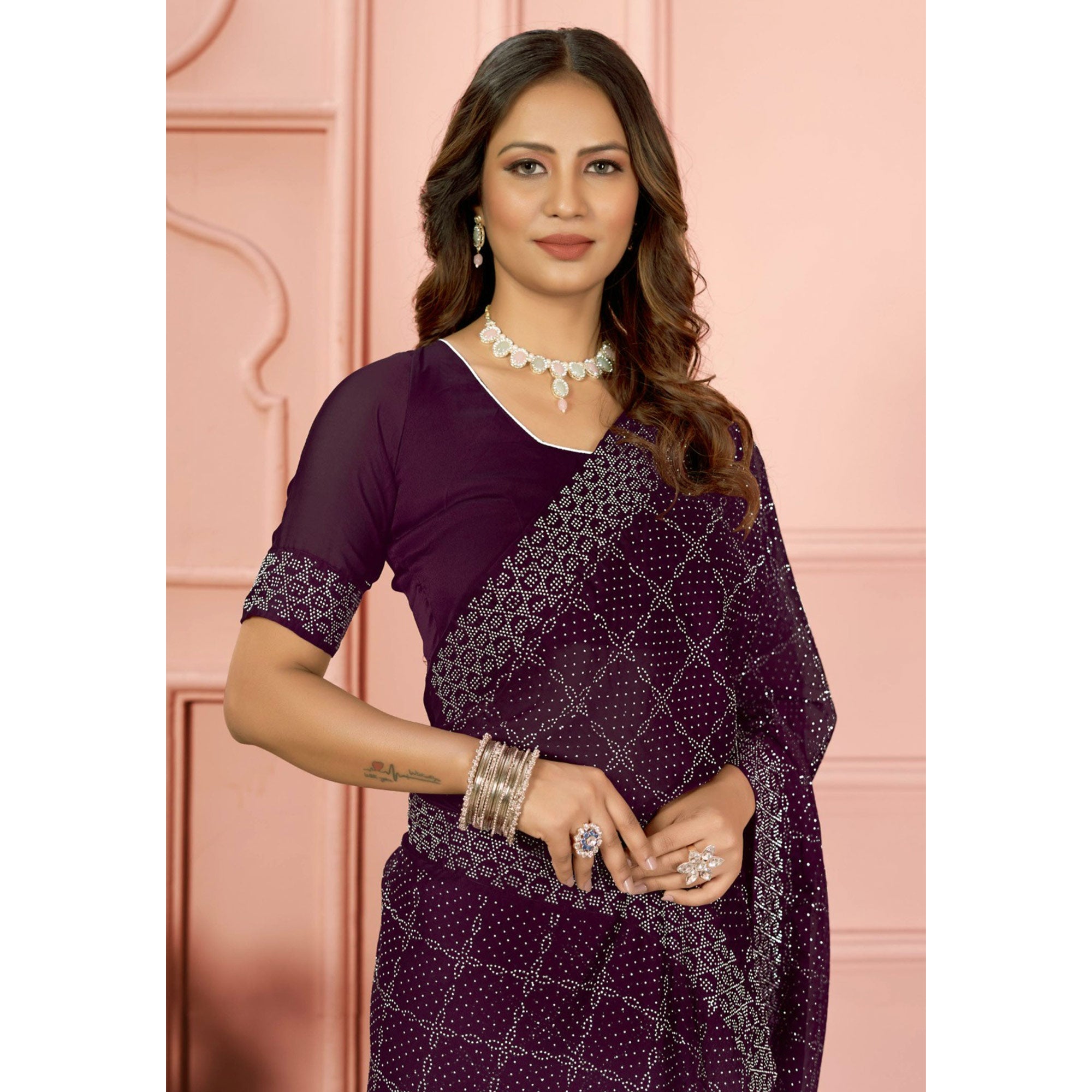 Wine Swarovski Work Satin Saree