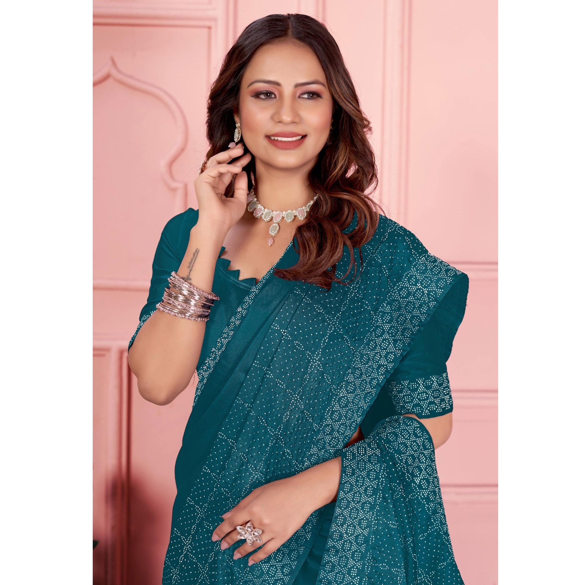 Teal Swarovski Work Satin Saree