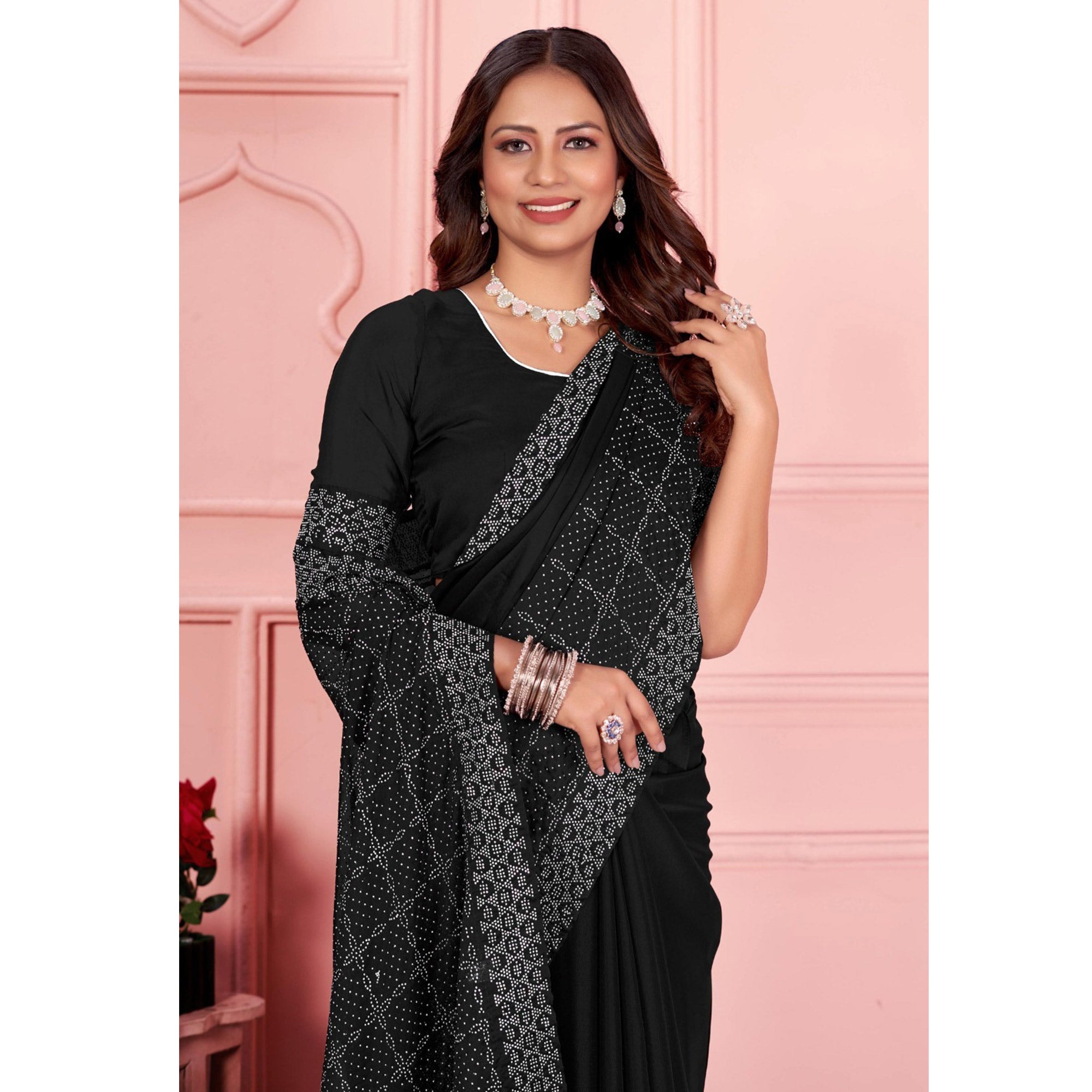 Black Swarovski Work Satin Saree
