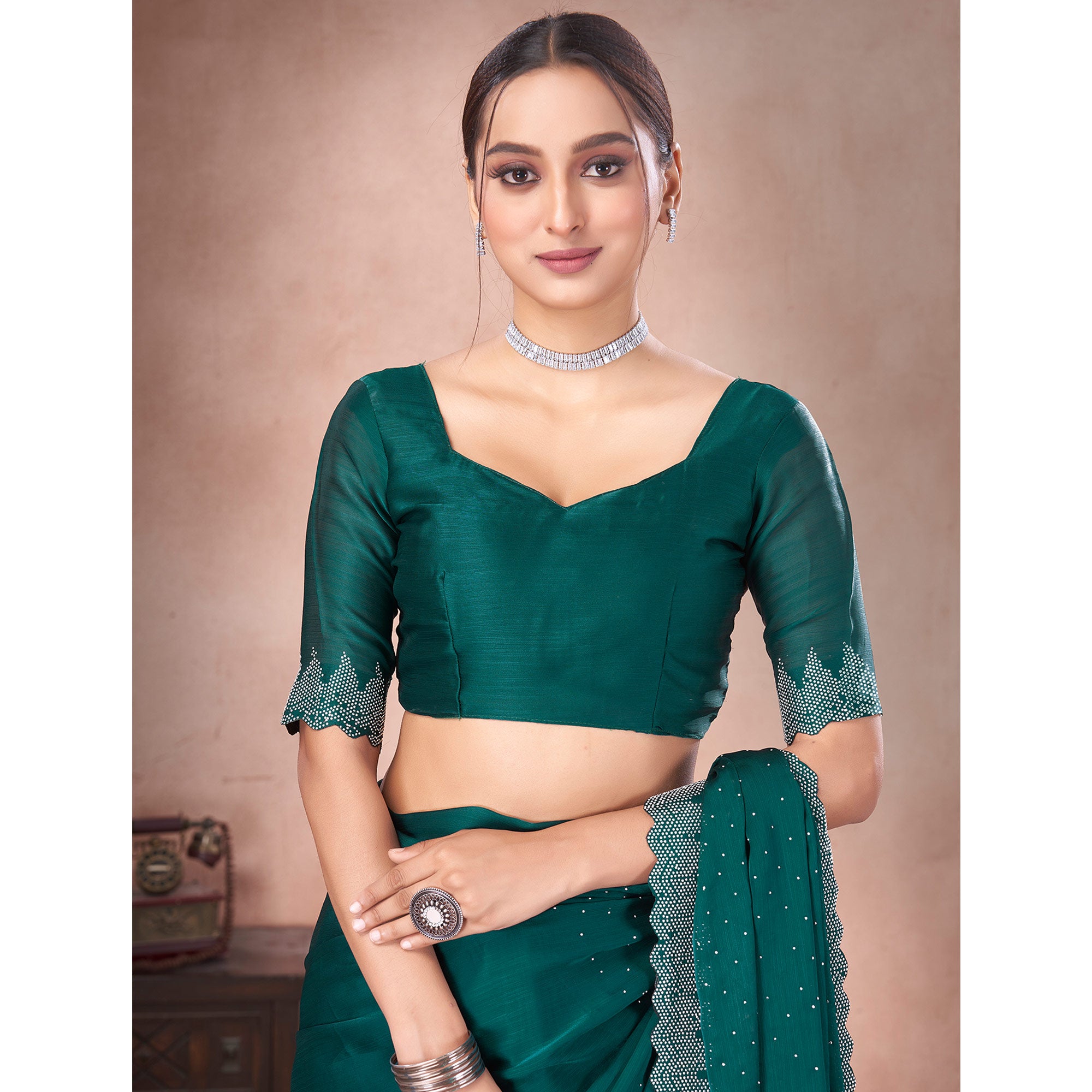 Rama Green Swarovski Work Satin Saree