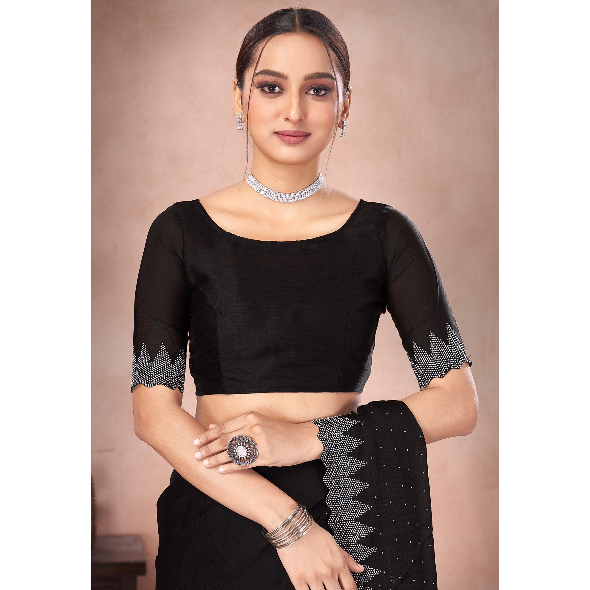 Black Swarovski Work Satin Saree