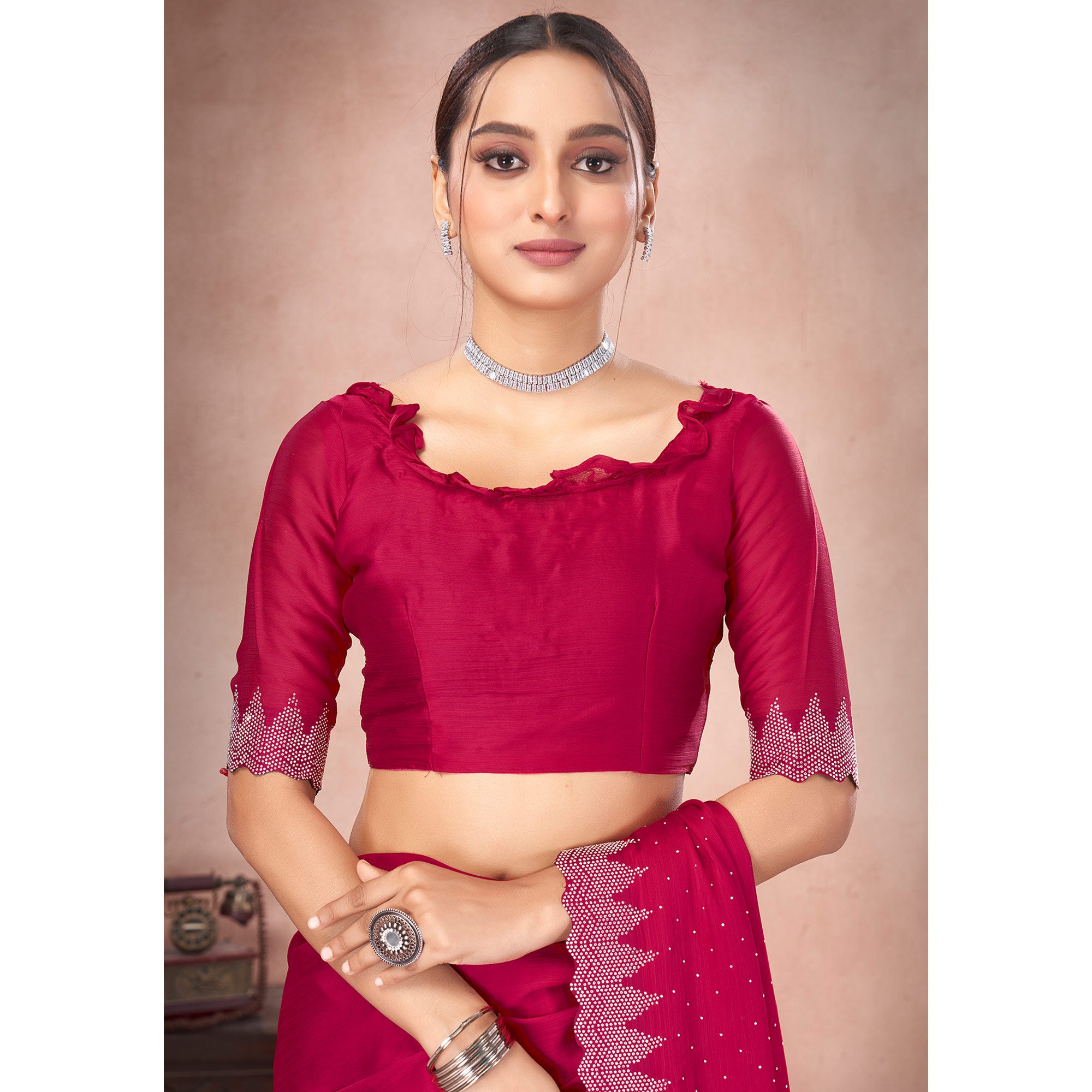 Pink Swarovski Work Satin Saree