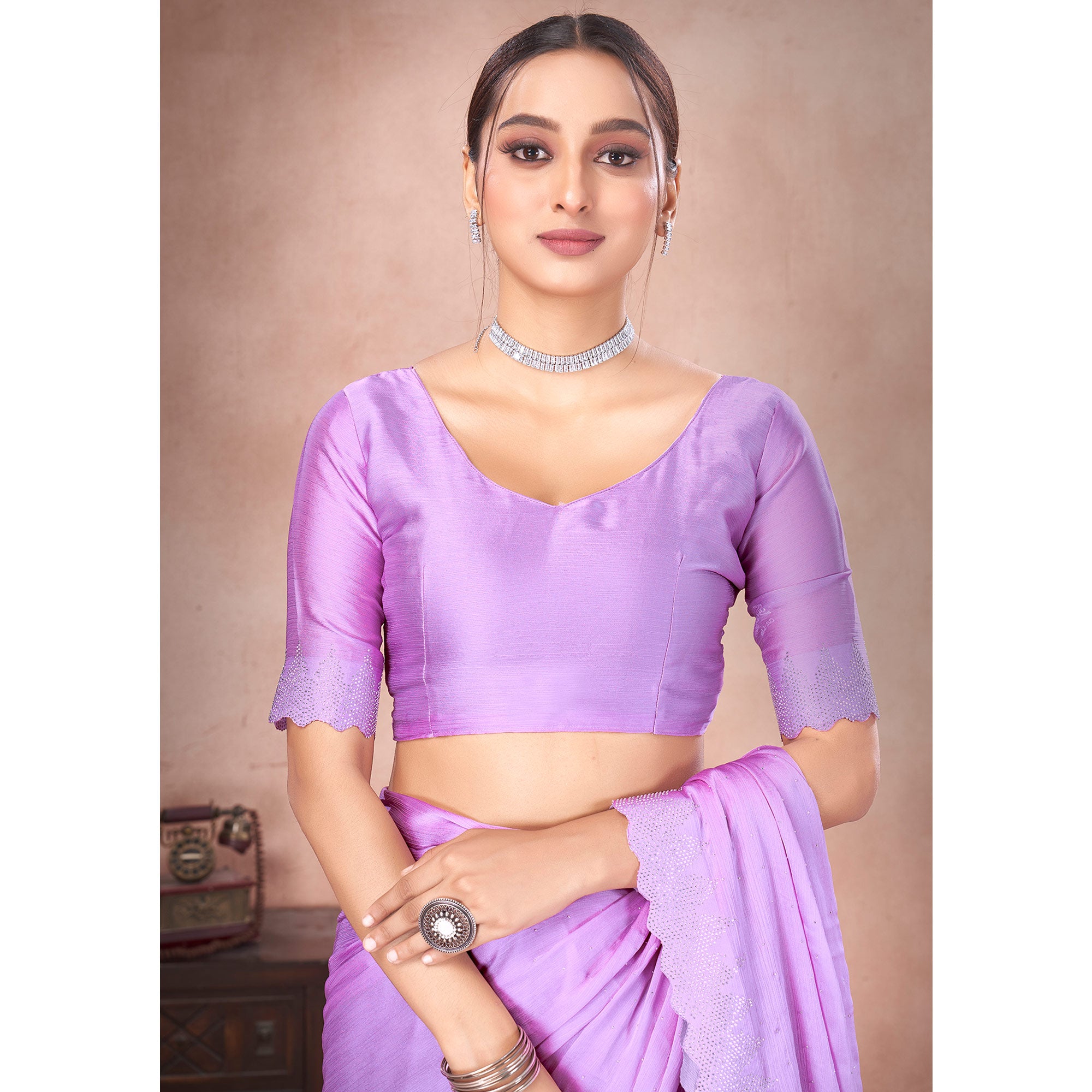 Light Purple Swarovski Work Satin Saree