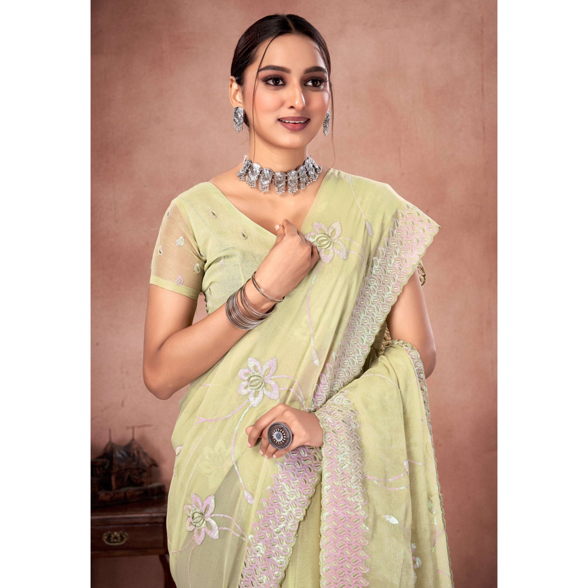 Pista Green Floral Sequins Embroidered Chiffon Saree